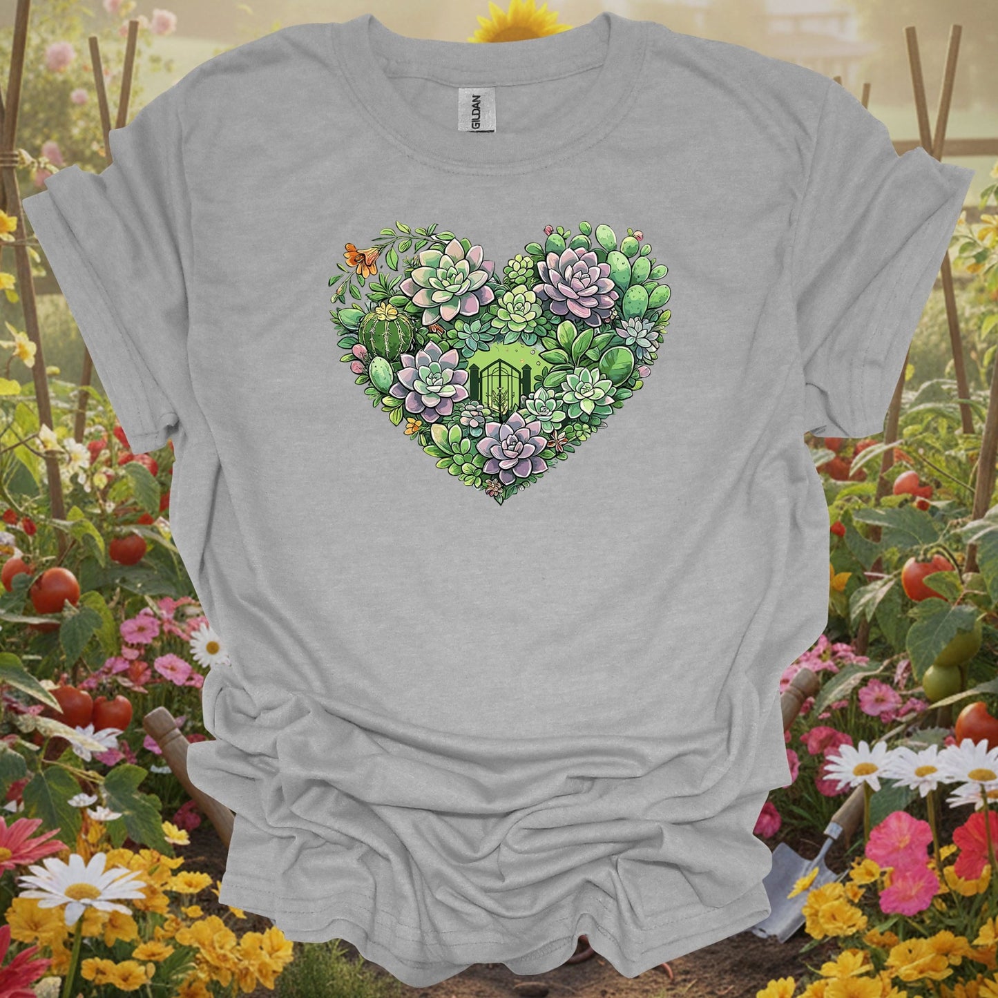 Sport Grey tshirt showing succulent heart intricate floral art t shirt for gardening enthusiasts