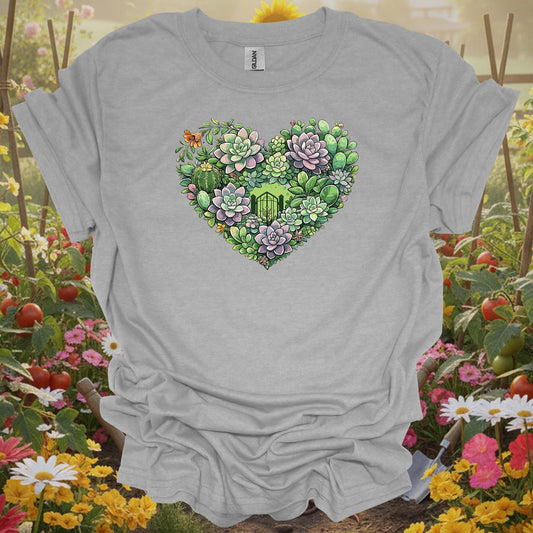Sport Grey tshirt showing succulent heart intricate floral art t shirt for gardening enthusiasts
