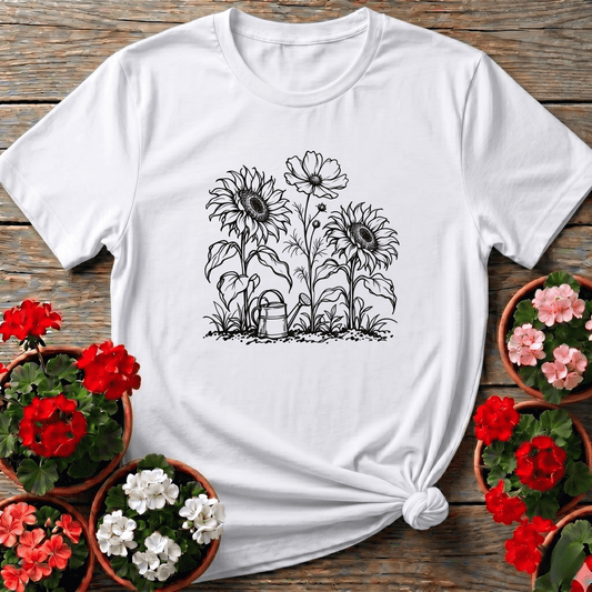 White vintage botanical sketch gardening shirt with sunflower and cosmos illustration for slow gardeners