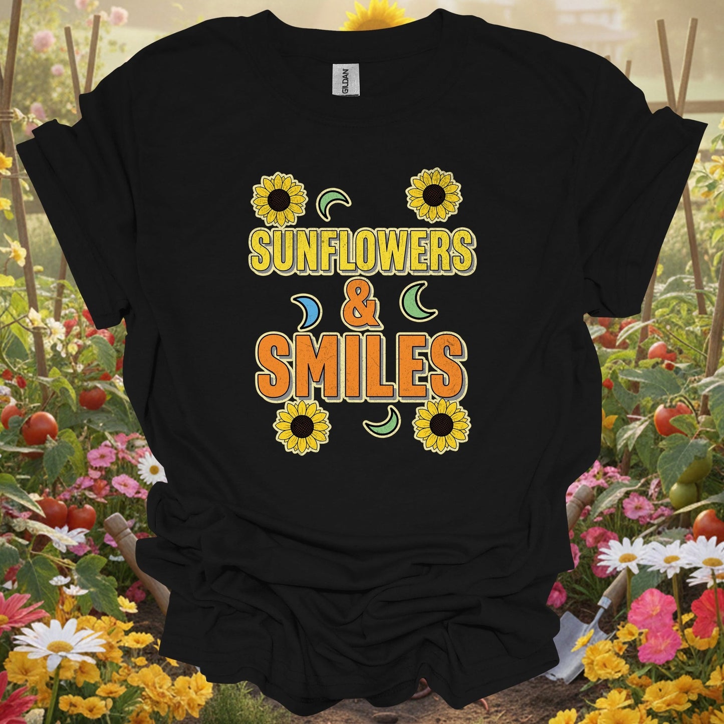"Sunflowers & Smiles" Cheerful Garden T-Shirt - GardeningTshirts