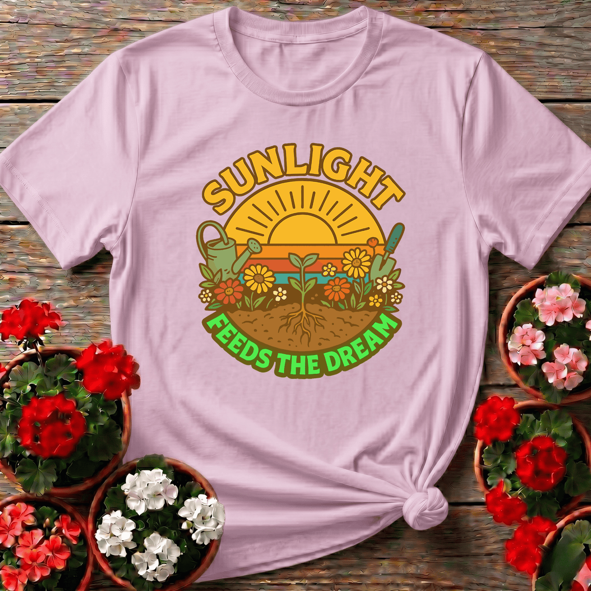 Sunlight Feeds the Dream Retro Gardening Tee - GardeningTshirts