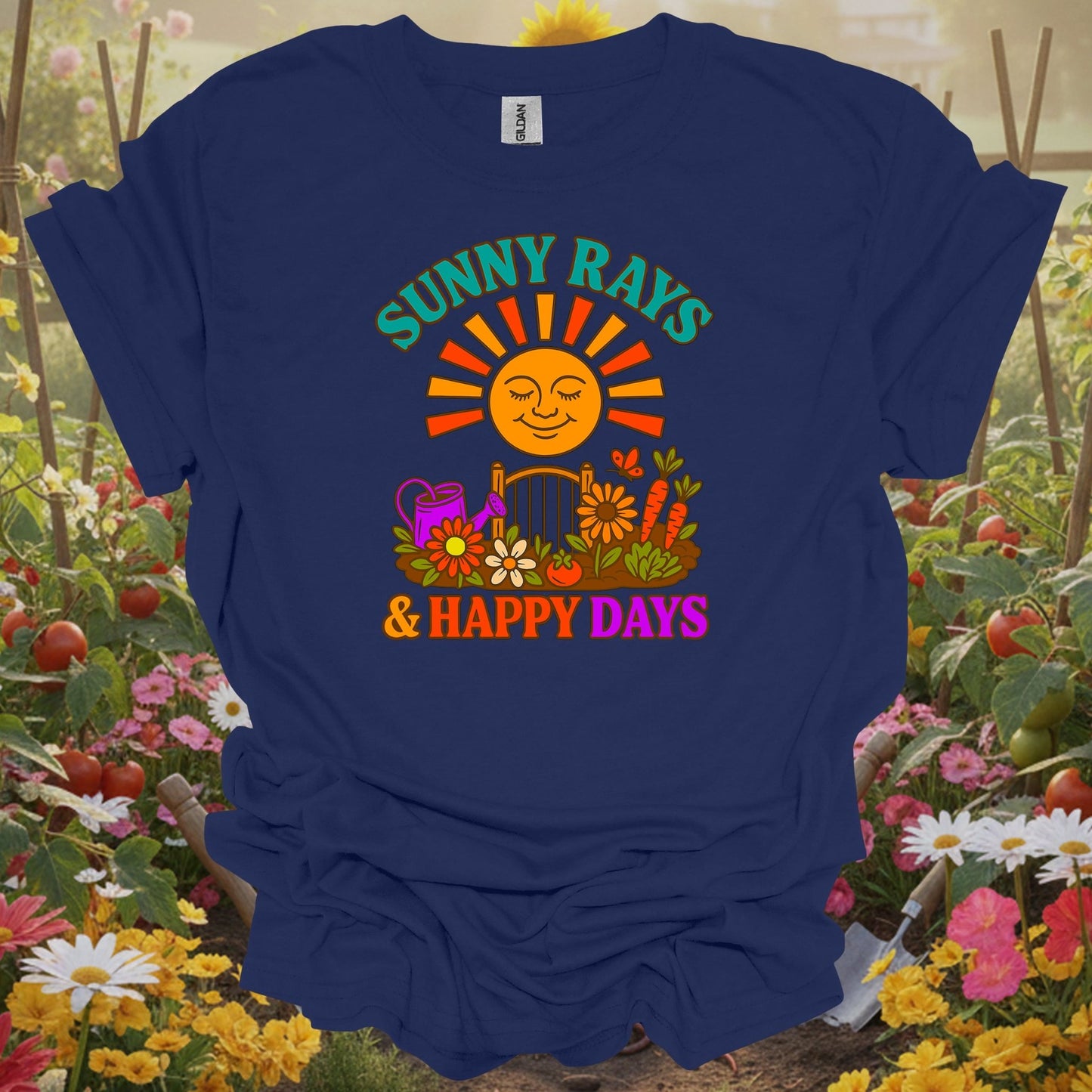 Navy shirt showing sunny rays & happy days retro garden slogan for home gardeners
