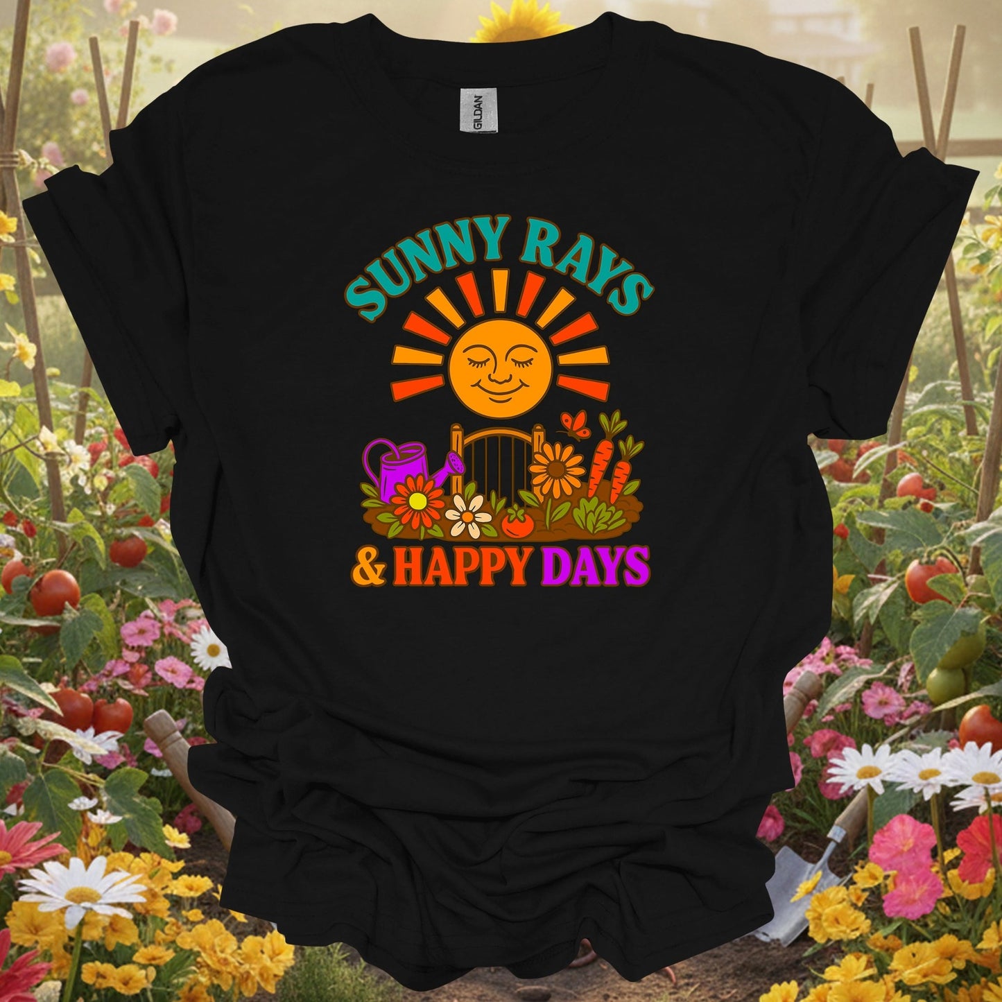 Black shirt showing sunny rays & happy days retro garden slogan for outdoor enthusiasts