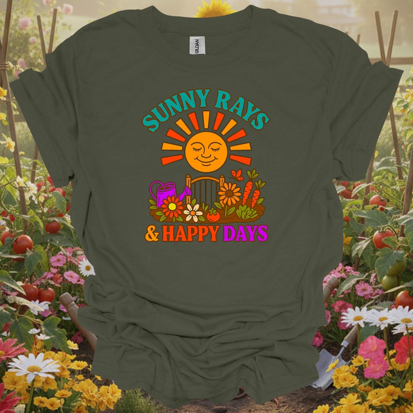 Military Green top showing sunny rays & happy days retro garden slogan for nature lovers