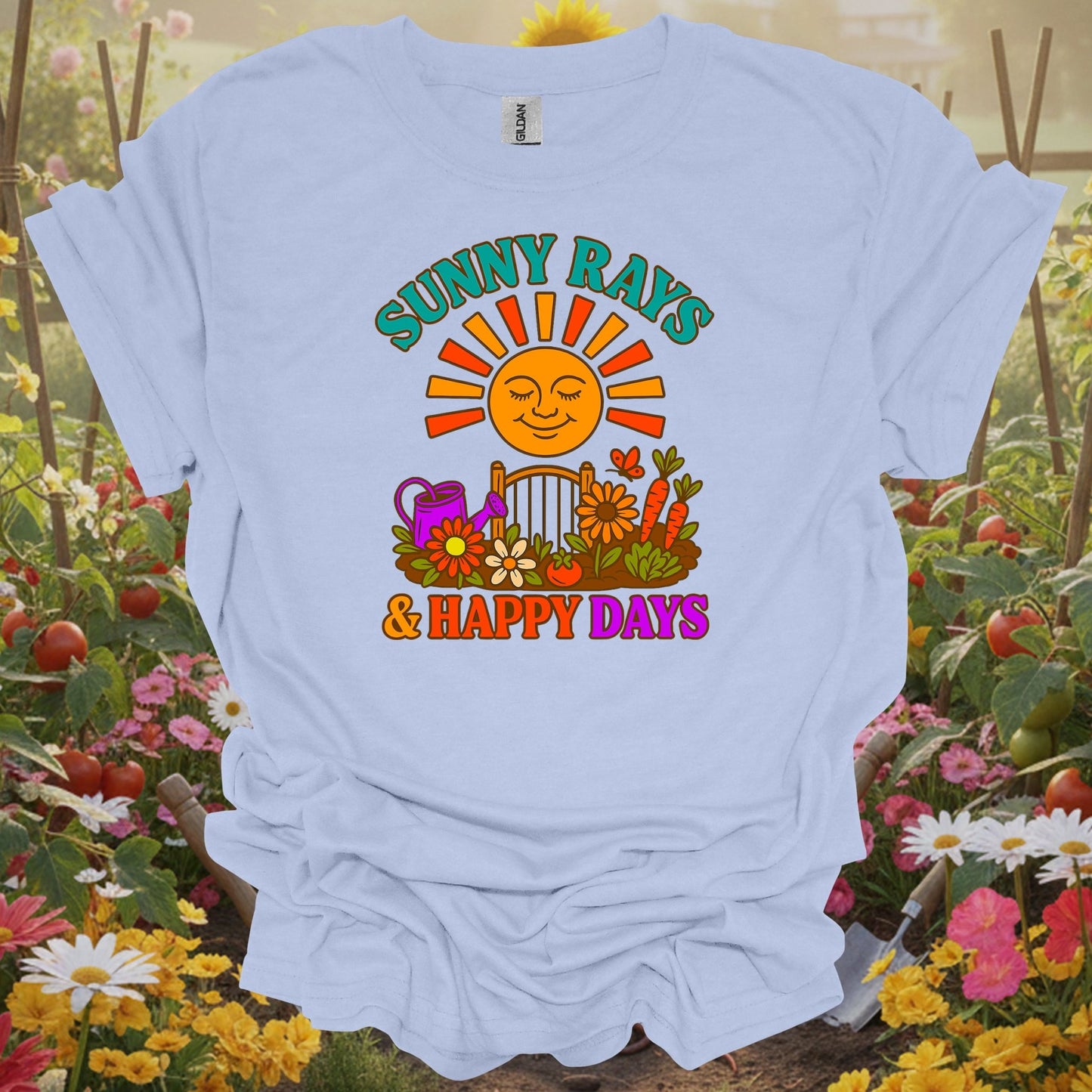 Light Blue tee showing sunny rays & happy days retro garden slogan for plant lovers