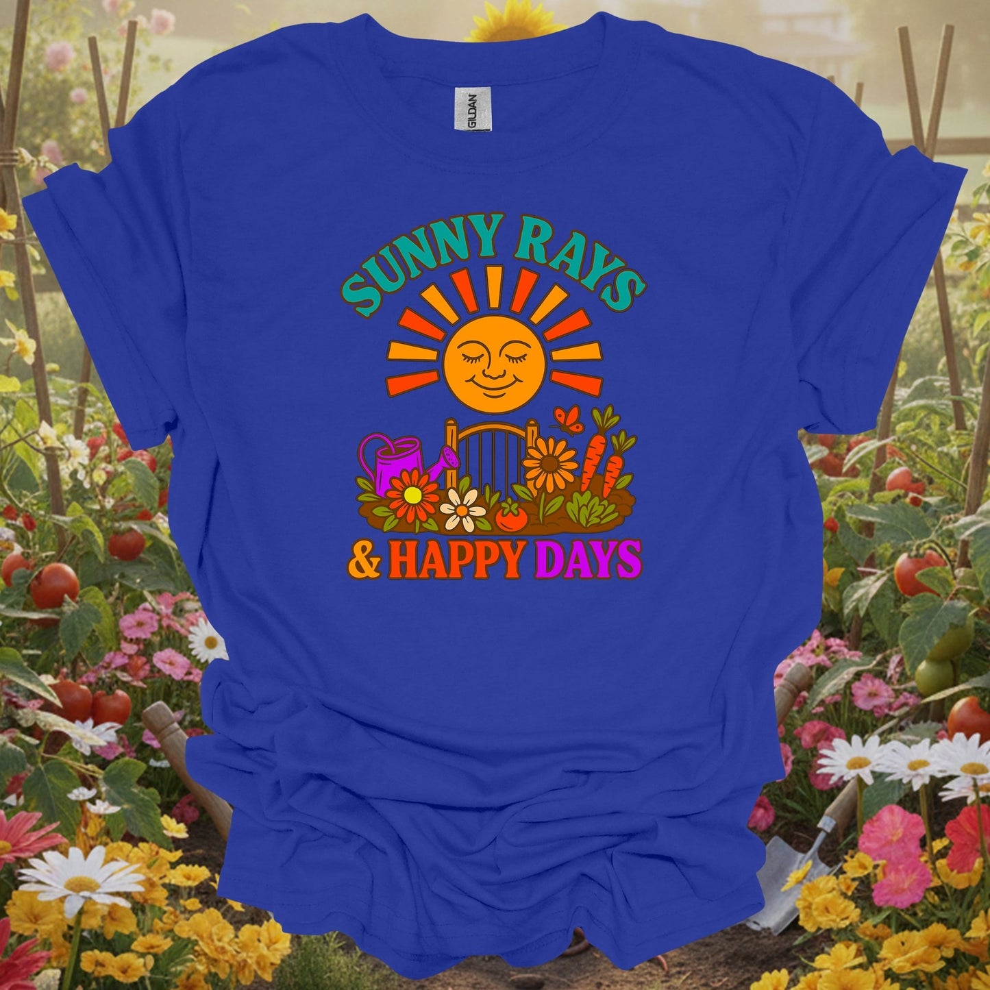 Royal top showing sunny rays & happy days retro garden slogan for green thumb folks