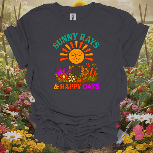 Charcoal tshirt showing sunny rays & happy days retro garden slogan for gardening enthusiasts