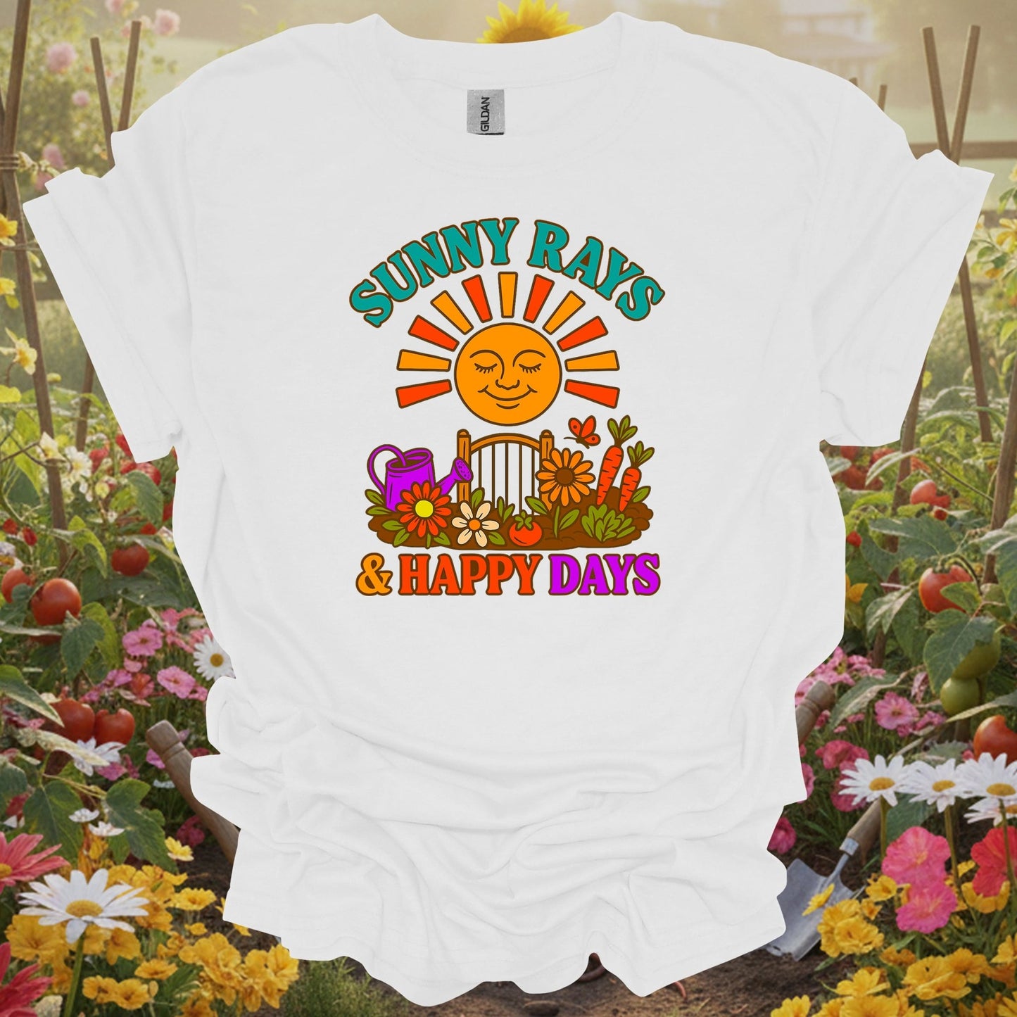 White tee showing sunny rays & happy days retro garden slogan for garden hobbyists