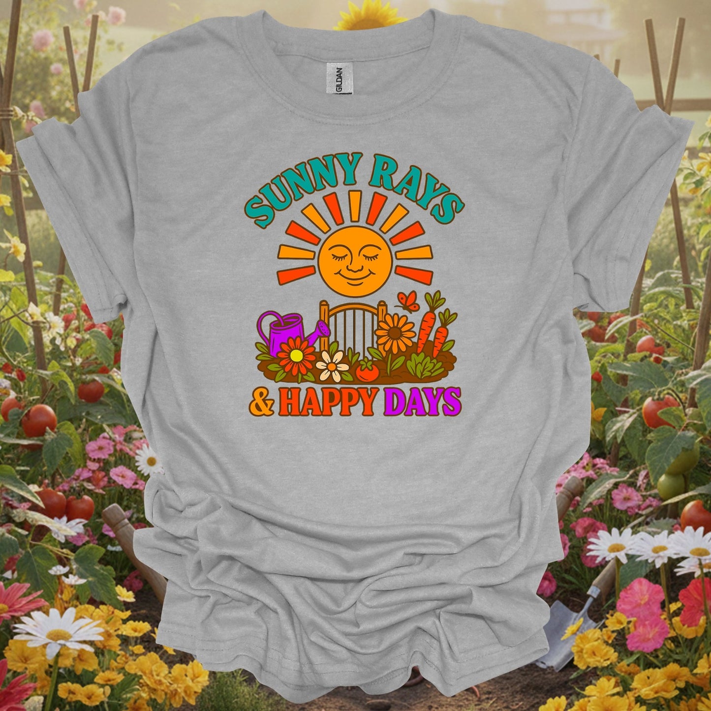 Sport Grey tshirt showing sunny rays & happy days retro garden slogan for backyard growers