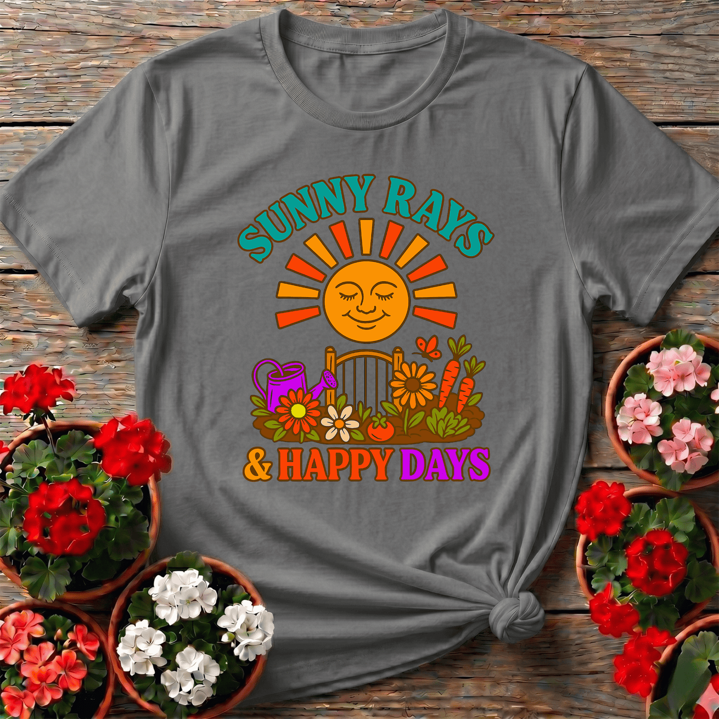 Sunny Rays & Happy Days Retro Garden Slogan Tee - GardeningTshirts