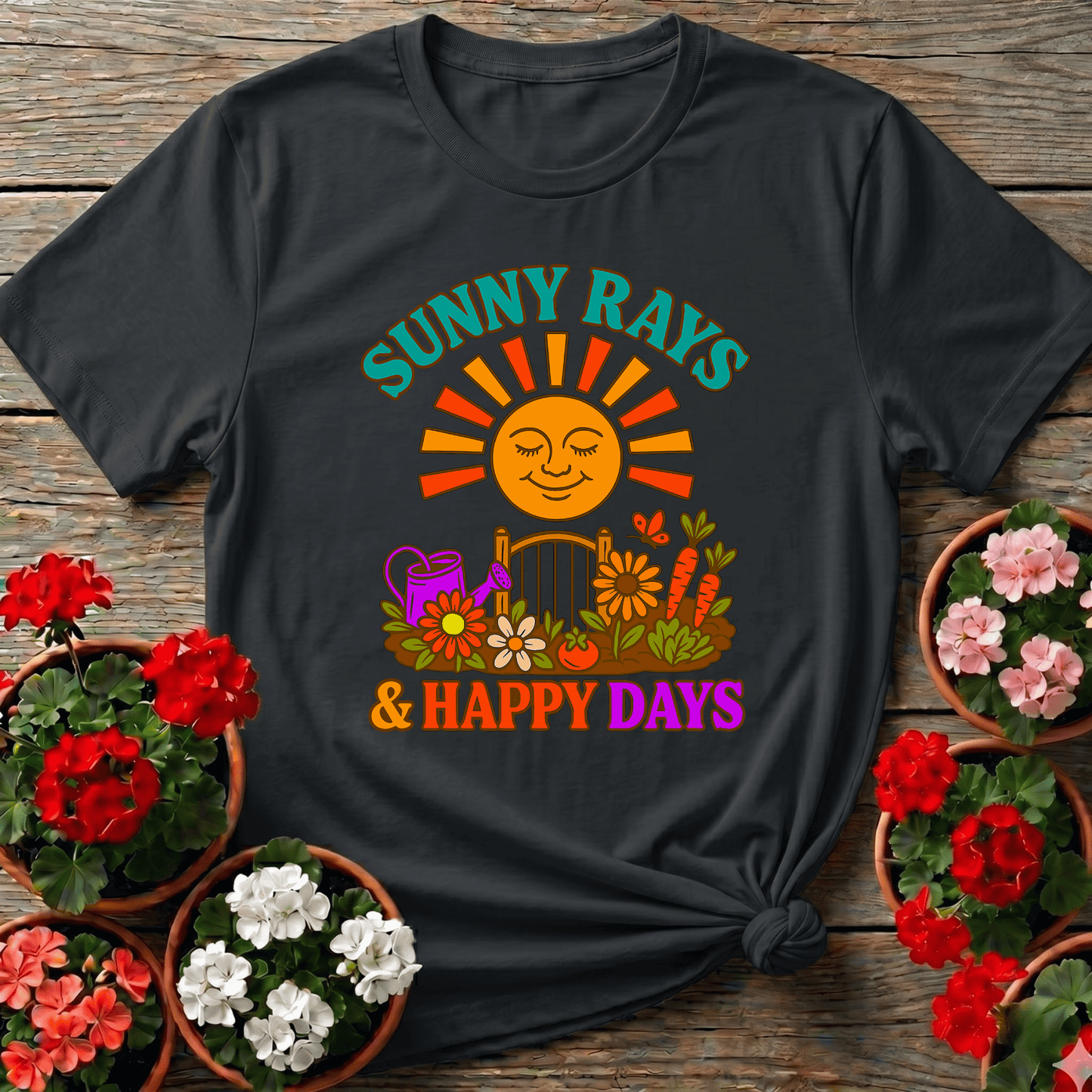Sunny Rays & Happy Days Retro Garden Slogan Tee - GardeningTshirts