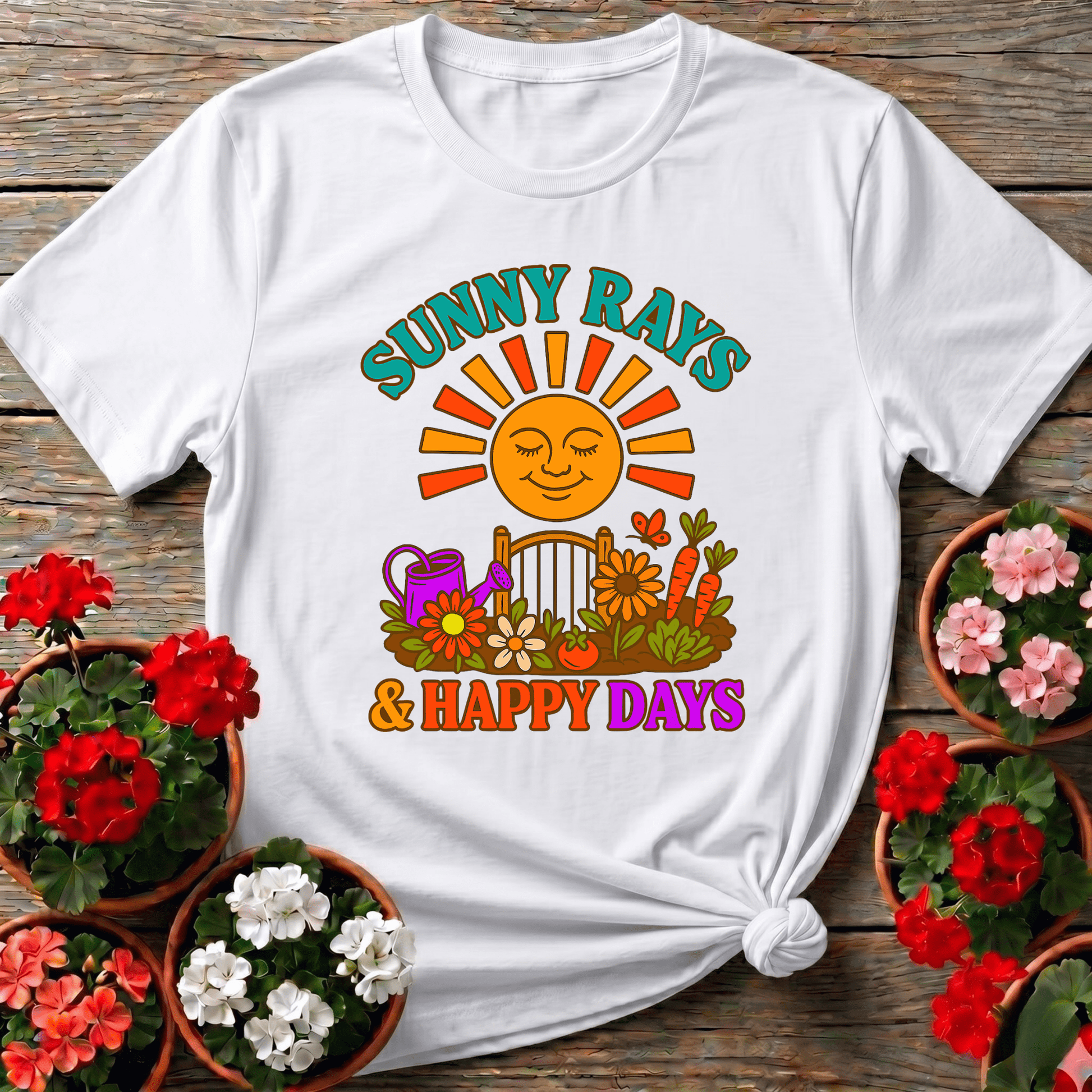 Sunny Rays & Happy Days Retro Garden Slogan Tee - GardeningTshirts