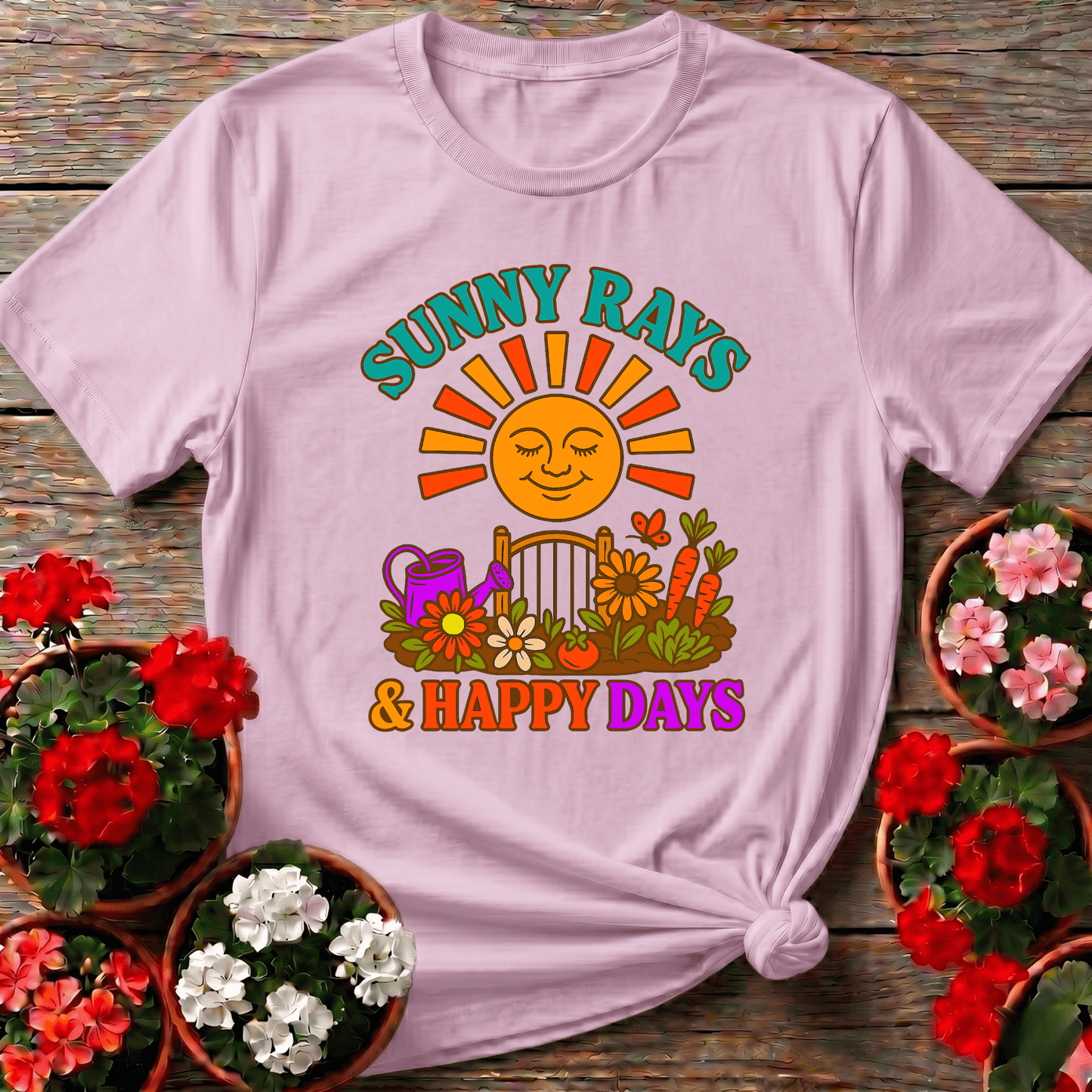 Sunny Rays & Happy Days Retro Garden Slogan Tee - GardeningTshirts
