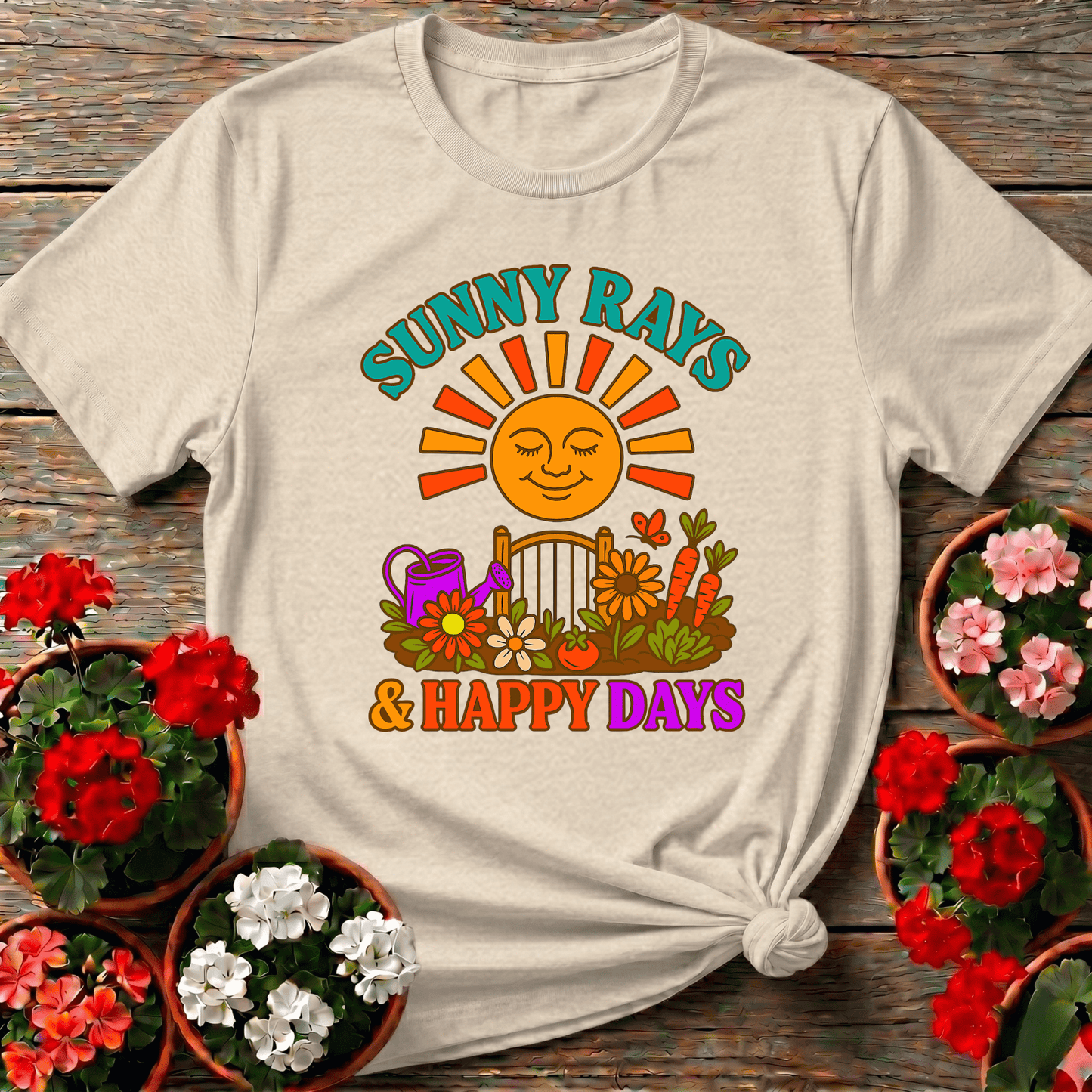 Sunny Rays & Happy Days Retro Garden Slogan Tee - GardeningTshirts