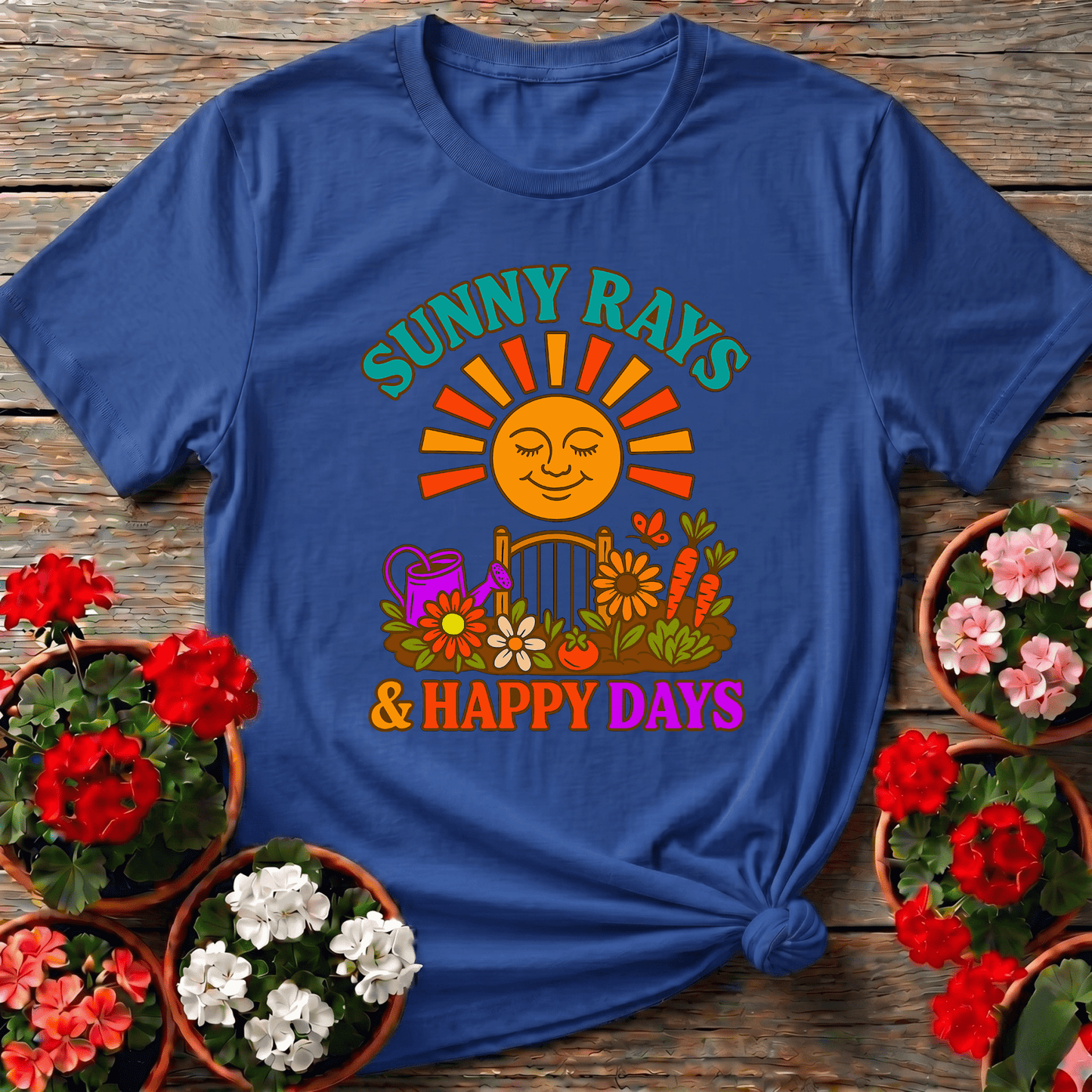 Sunny Rays & Happy Days Retro Garden Slogan Tee - GardeningTshirts