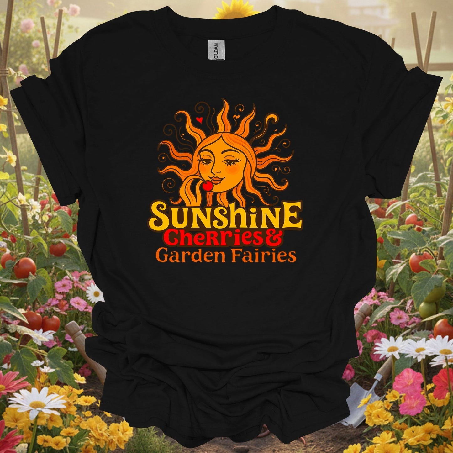 Black shirt showing sunshine cherries & garden fairies retro sun for outdoor enthusiasts