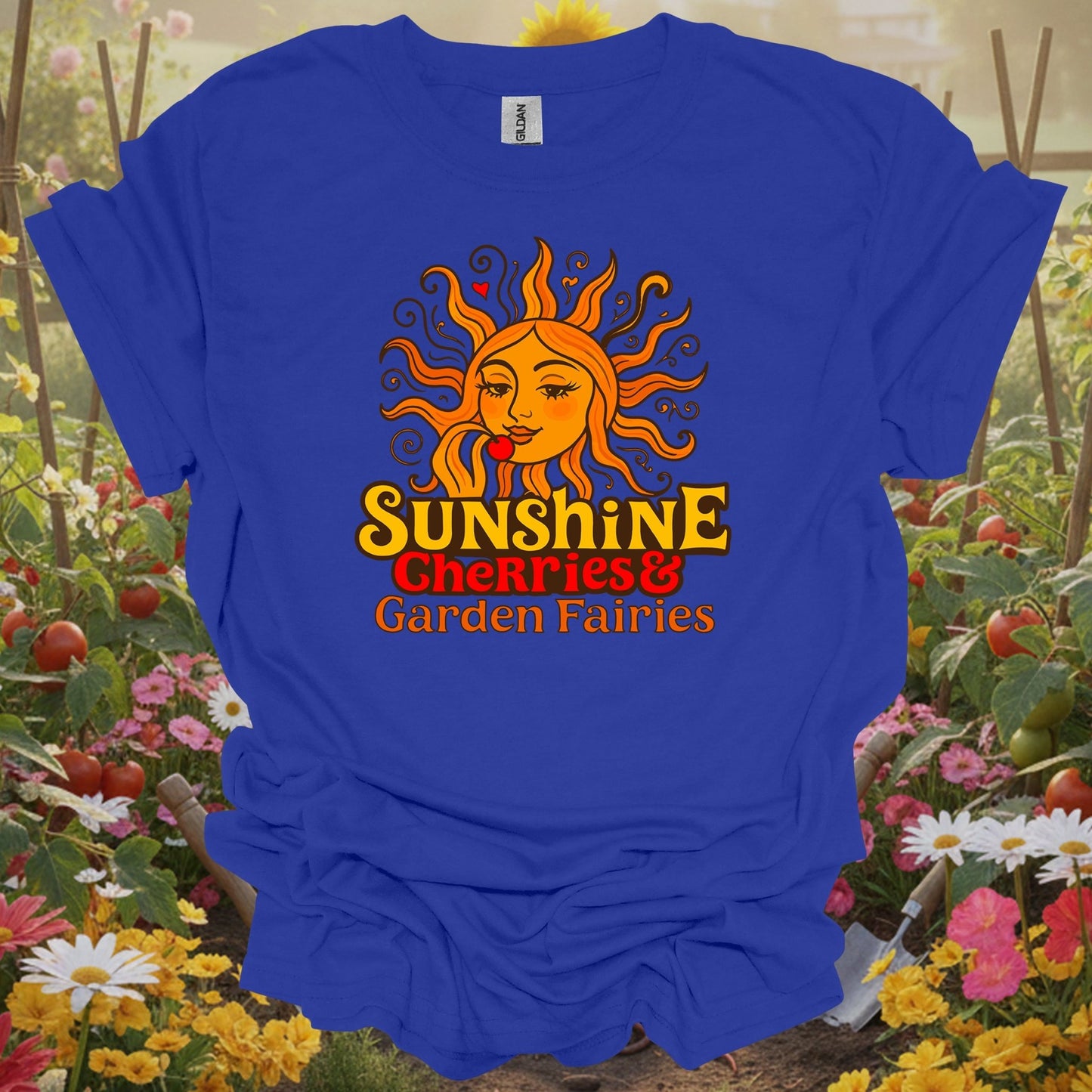 Royal top showing sunshine cherries & garden fairies retro sun for green thumb folks