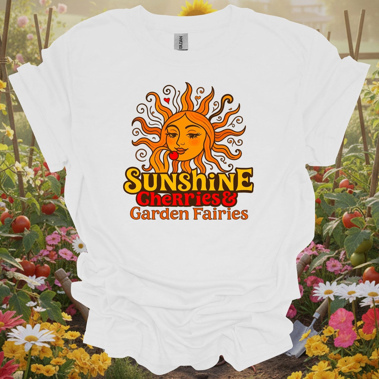 White tee showing sunshine cherries & garden fairies retro sun for garden hobbyists
