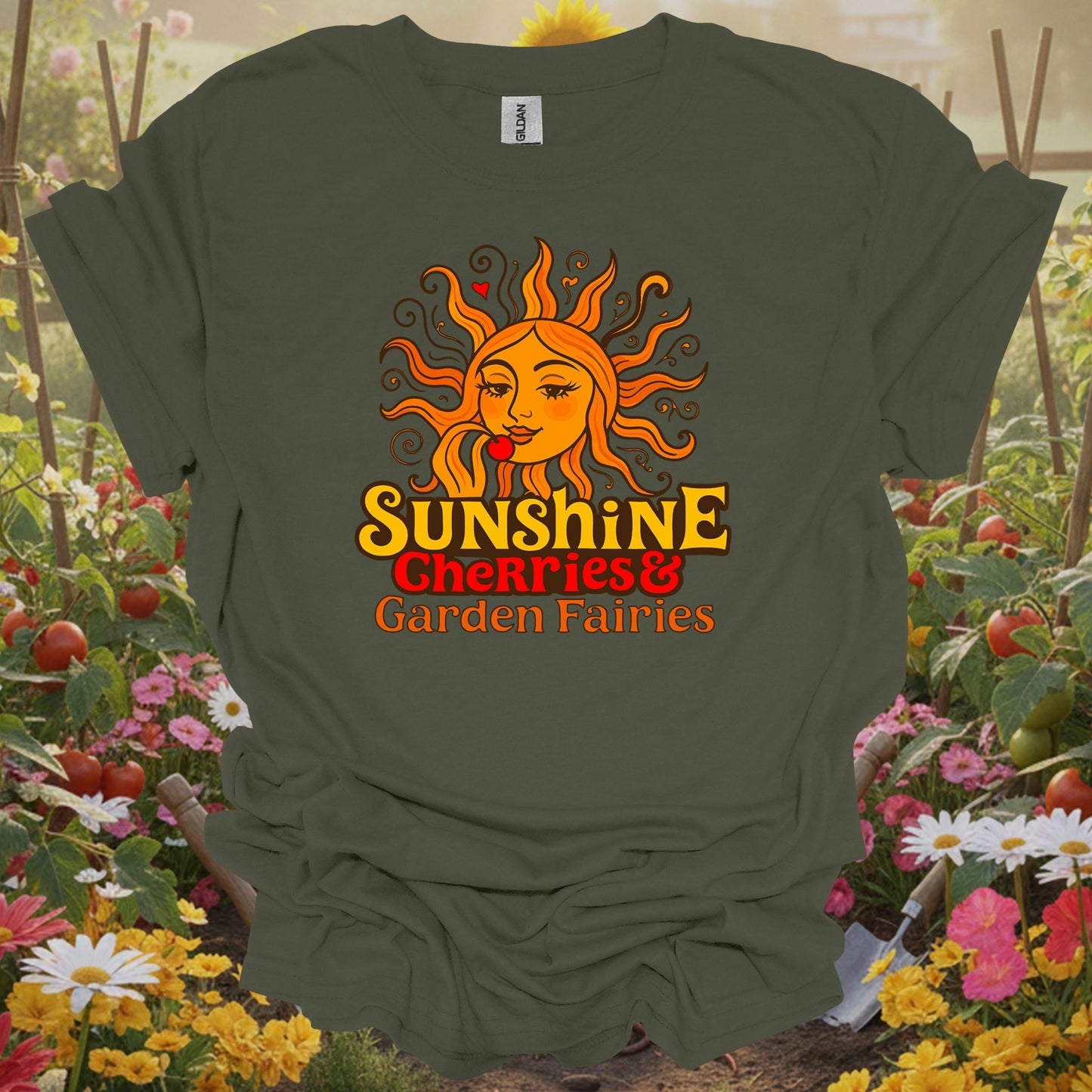 Military Green top showing sunshine cherries & garden fairies retro sun for nature lovers