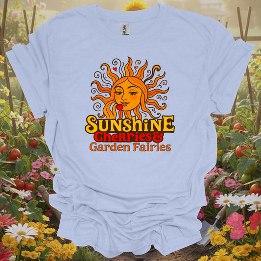 Light Blue tshirt showing sunshine cherries & garden fairies retro sun for gardening enthusiasts