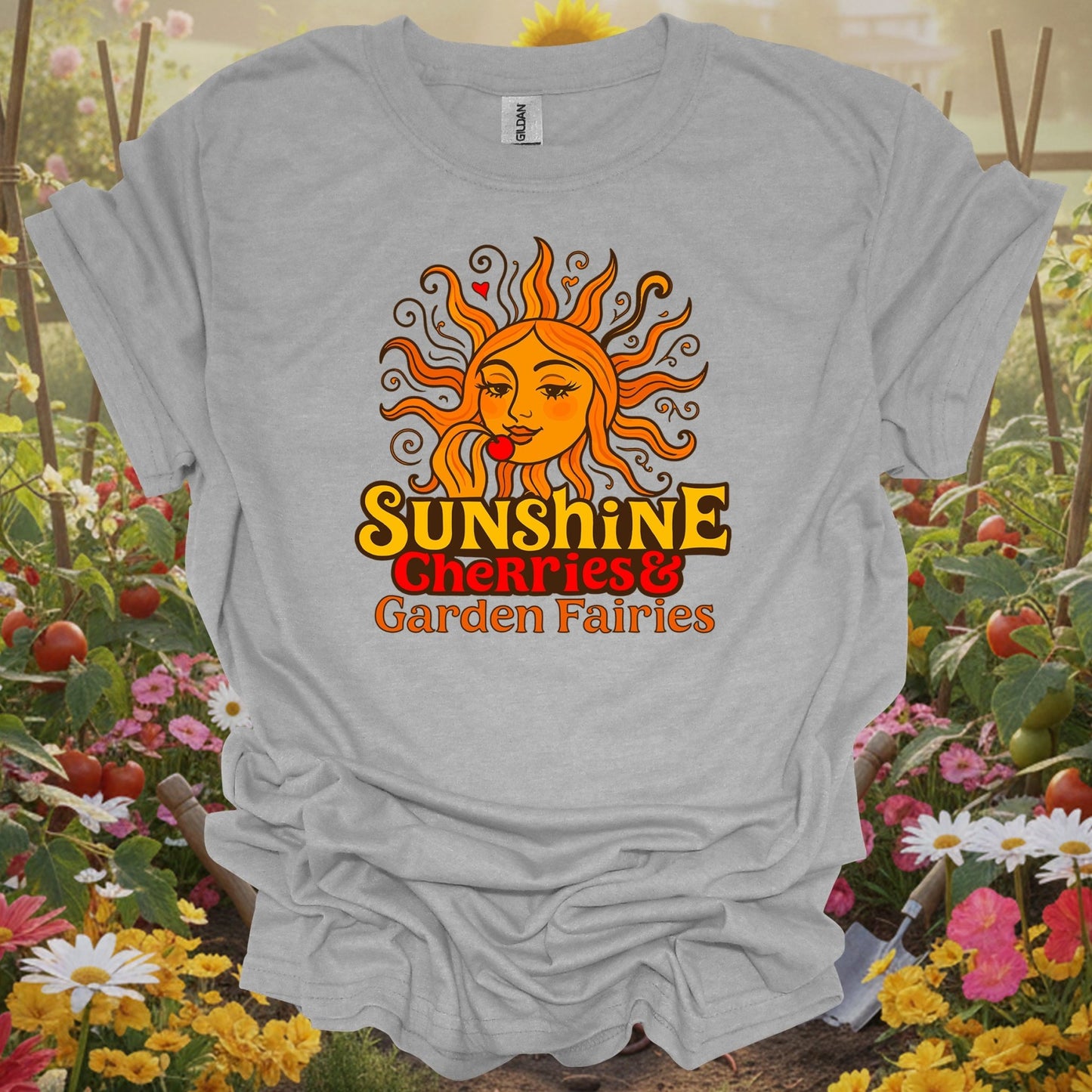 Sport Grey tshirt showing sunshine cherries & garden fairies retro sun for backyard growers