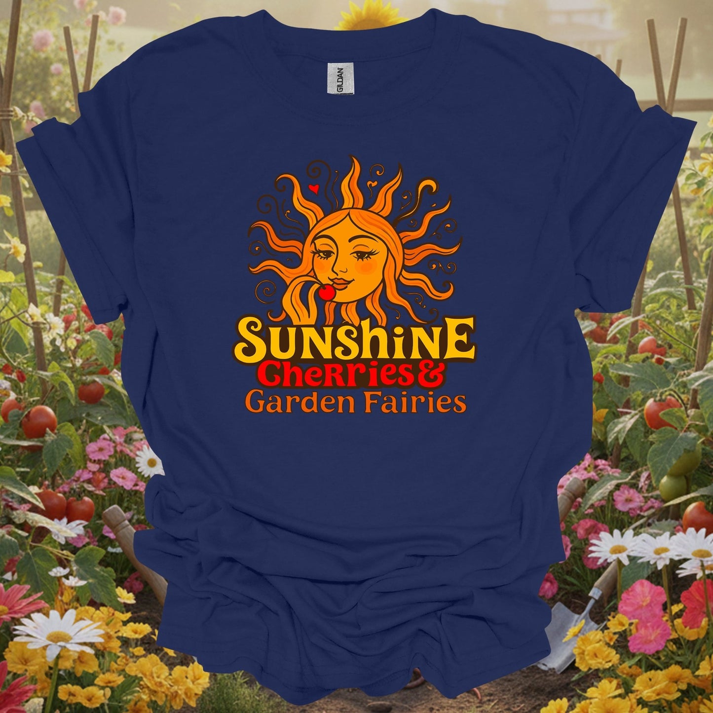Navy shirt showing sunshine cherries & garden fairies retro sun for home gardeners