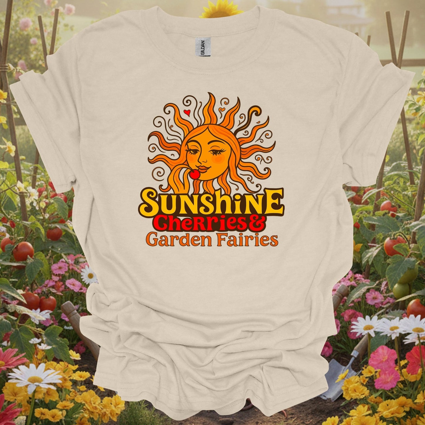 Natural tshirt showing sunshine cherries & garden fairies retro sun for people who love plants