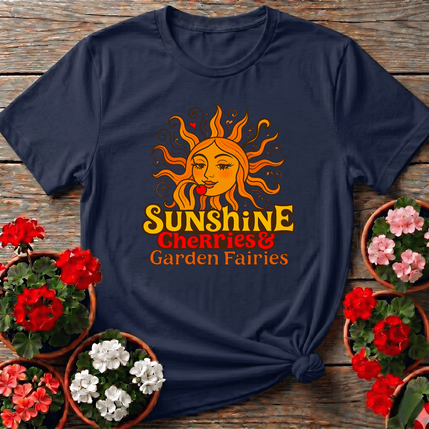 Sunshine Cherries & Garden Fairies Retro Sun Tee - GardeningTshirts
