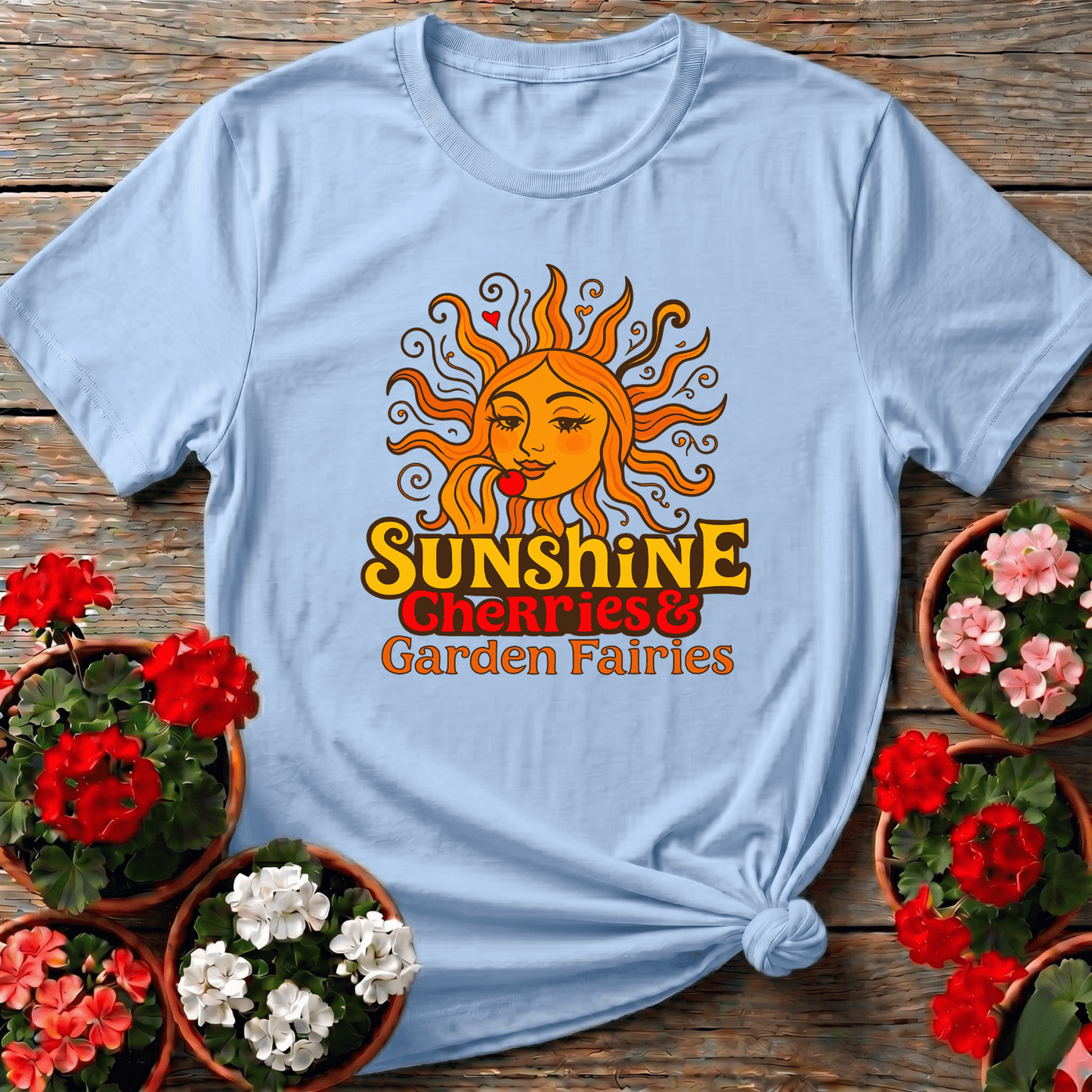 Sunshine Cherries & Garden Fairies Retro Sun Tee - GardeningTshirts