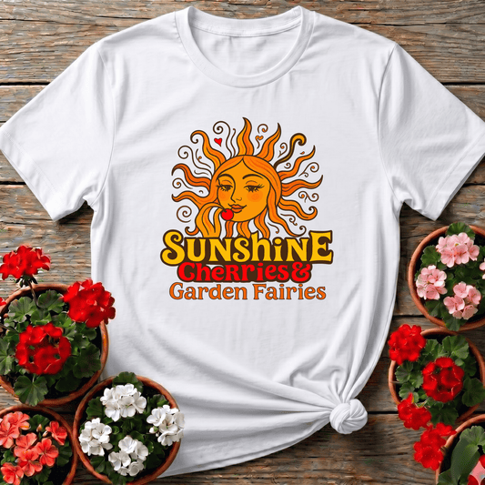 Sunshine Cherries & Garden Fairies Retro Sun Tee - GardeningTshirts