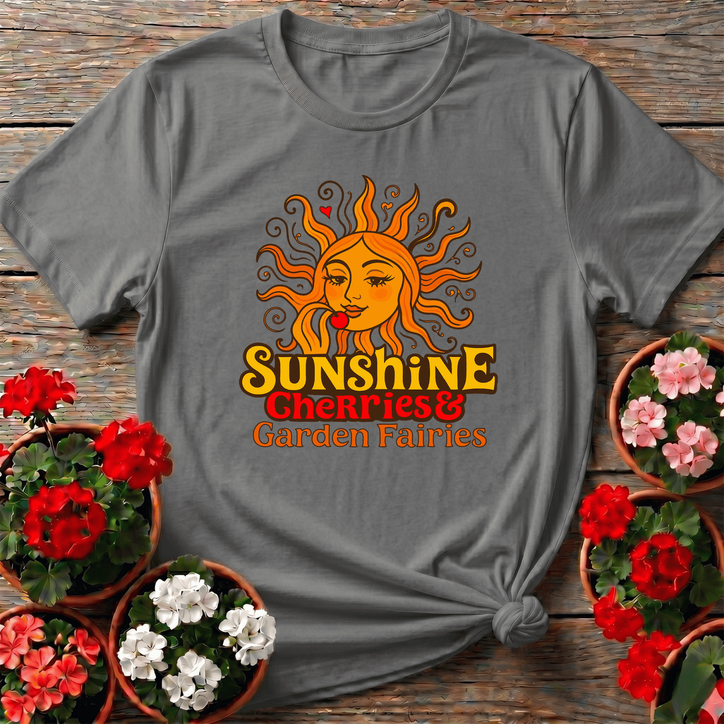 Sunshine Cherries & Garden Fairies Retro Sun Tee - GardeningTshirts