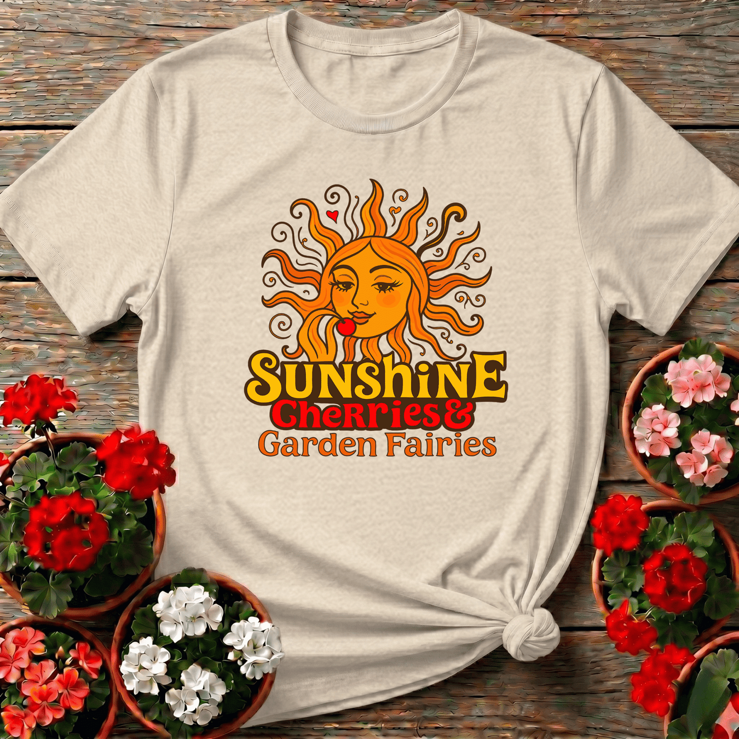 Sunshine Cherries & Garden Fairies Retro Sun Tee - GardeningTshirts