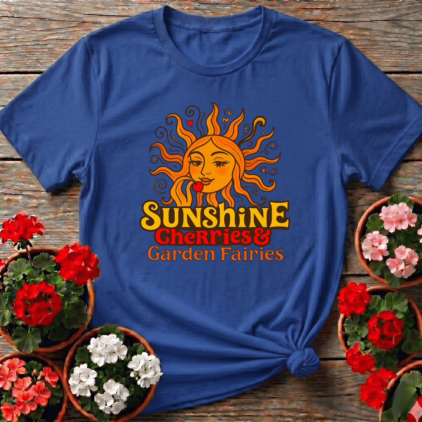 Sunshine Cherries & Garden Fairies Retro Sun Tee - GardeningTshirts