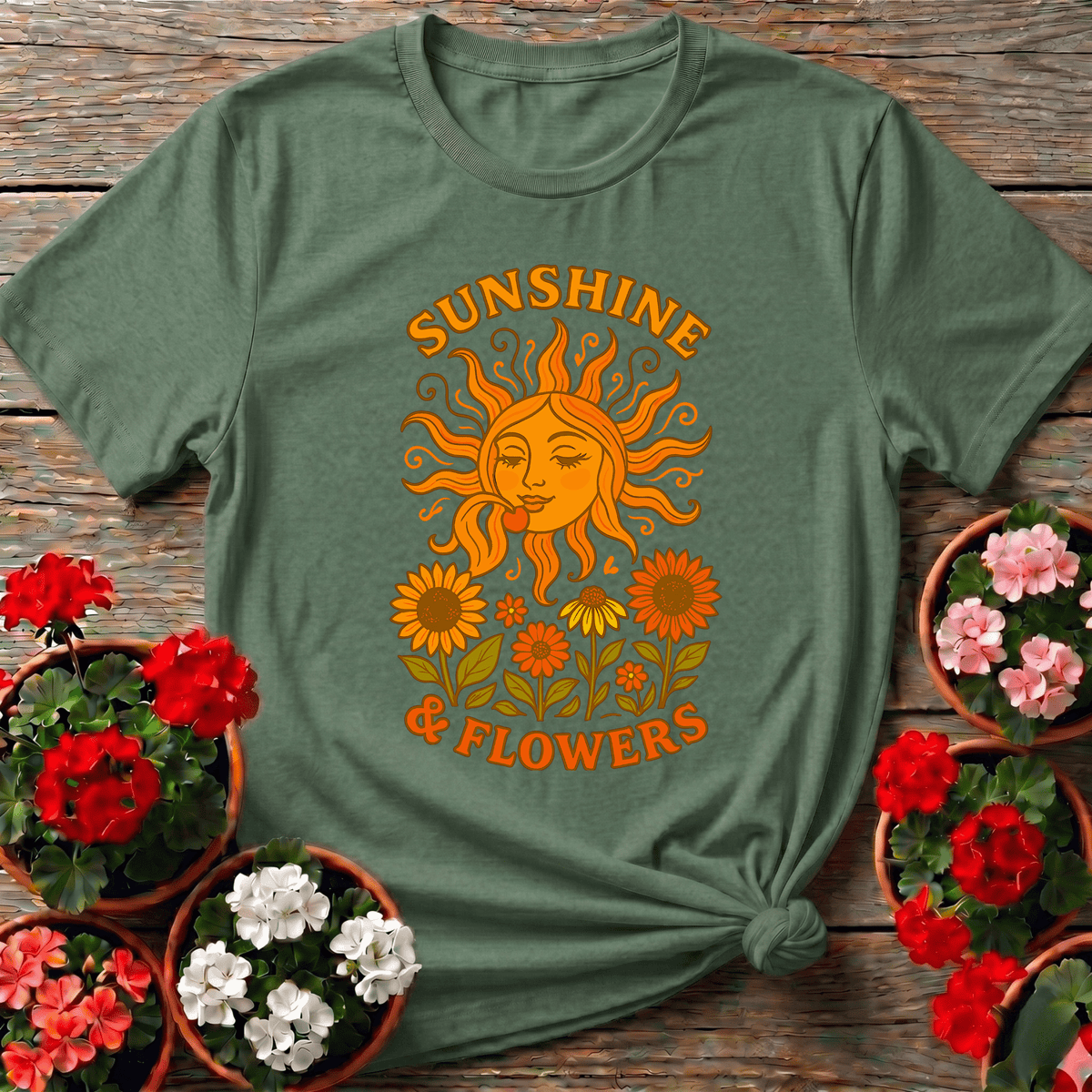 Sunshine & Flowers Retro Sun Gardening T-Shirt - GardeningTshirts