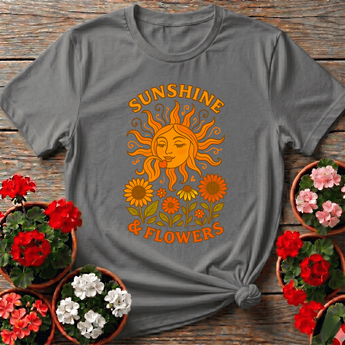 Sunshine & Flowers Retro Sun Gardening T-Shirt - GardeningTshirts