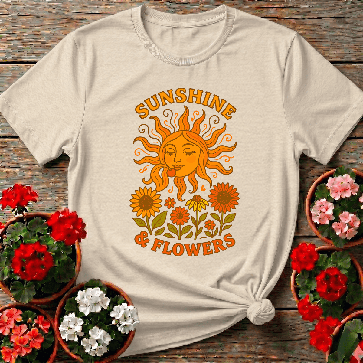 Sunshine & Flowers Retro Sun Gardening T-Shirt - GardeningTshirts