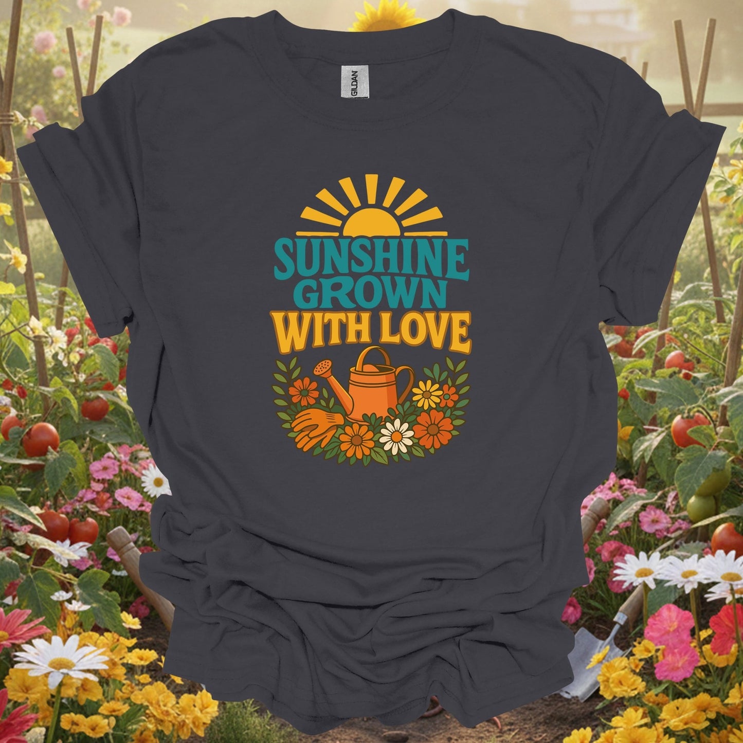 "Sunshine Grown With Love" Groovy Floral Garden T-Shirt - GardeningTshirts