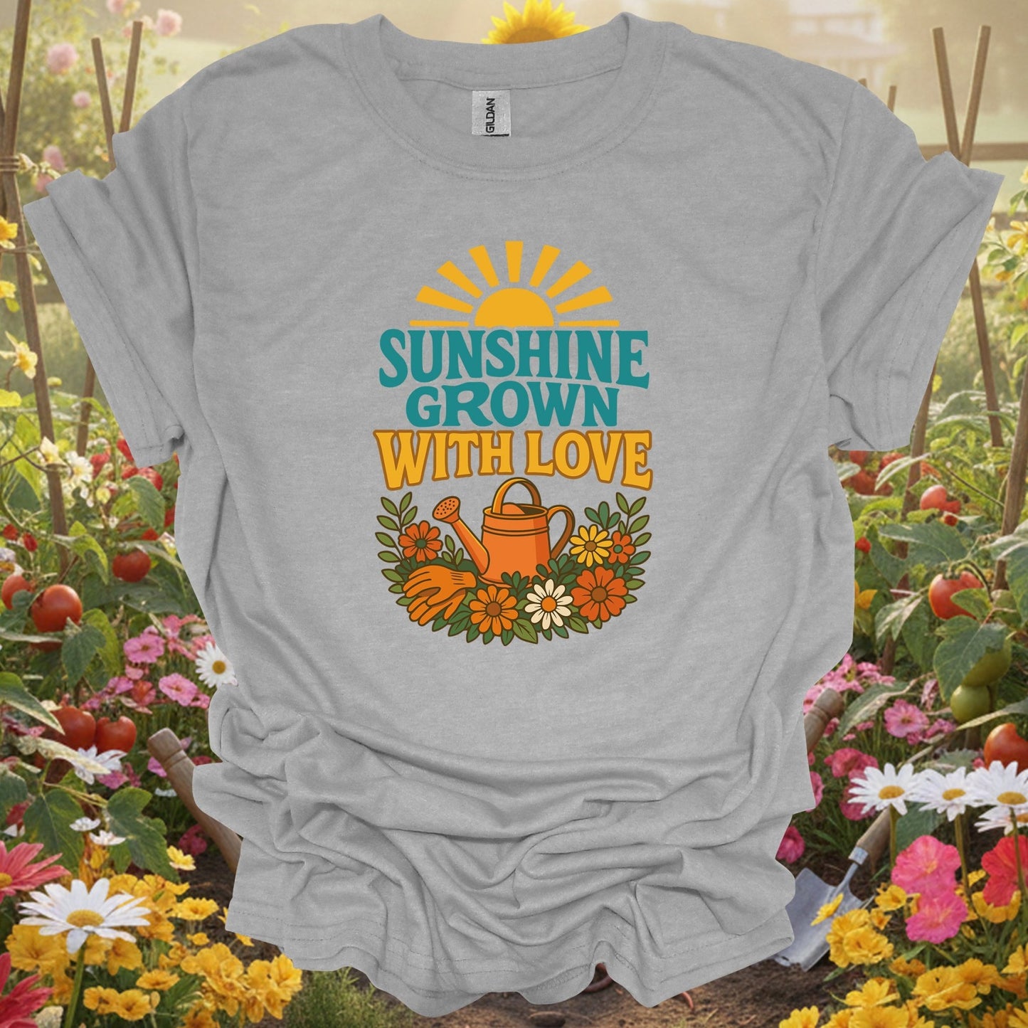 "Sunshine Grown With Love" Groovy Floral Garden T-Shirt - GardeningTshirts