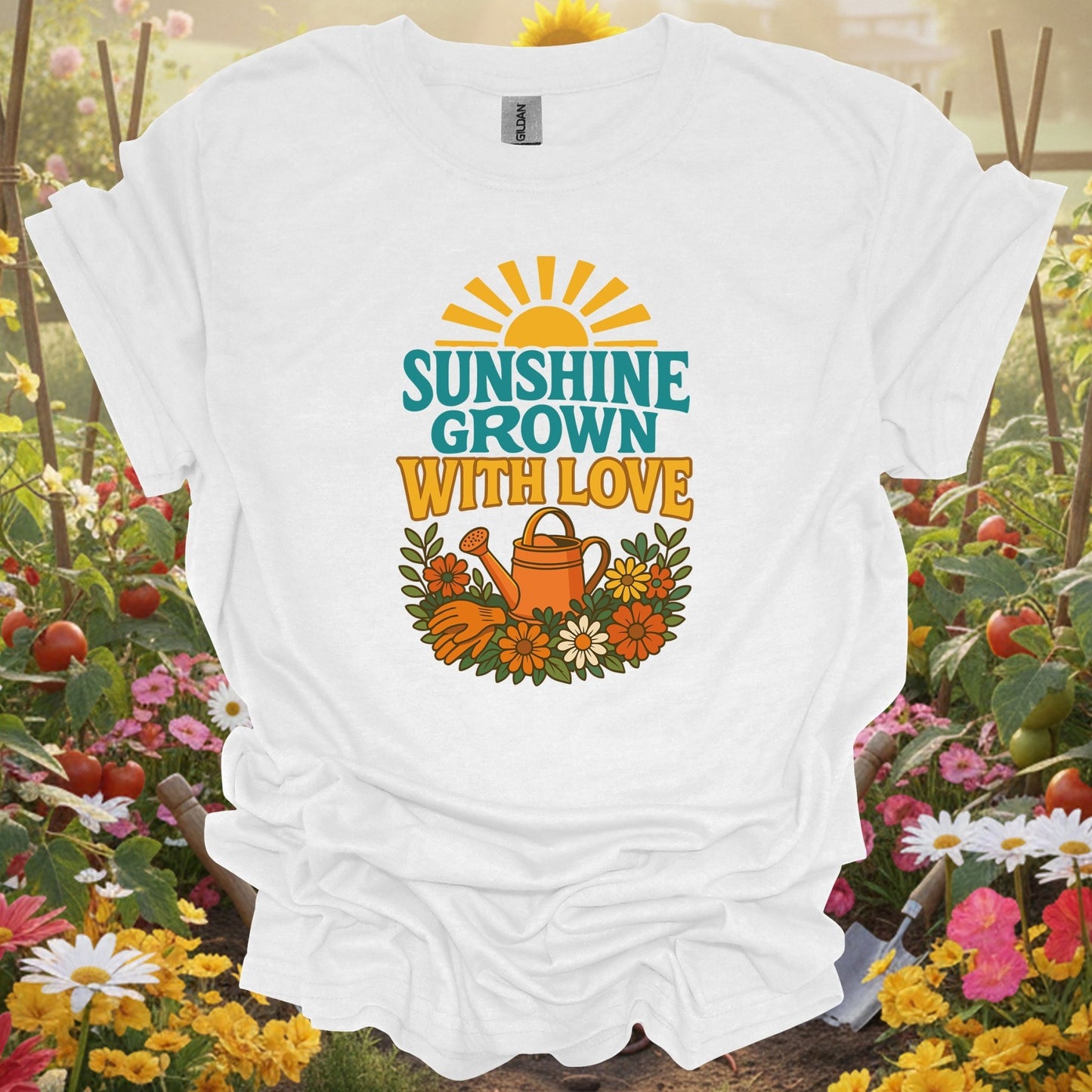 "Sunshine Grown With Love" Groovy Floral Garden T-Shirt - GardeningTshirts
