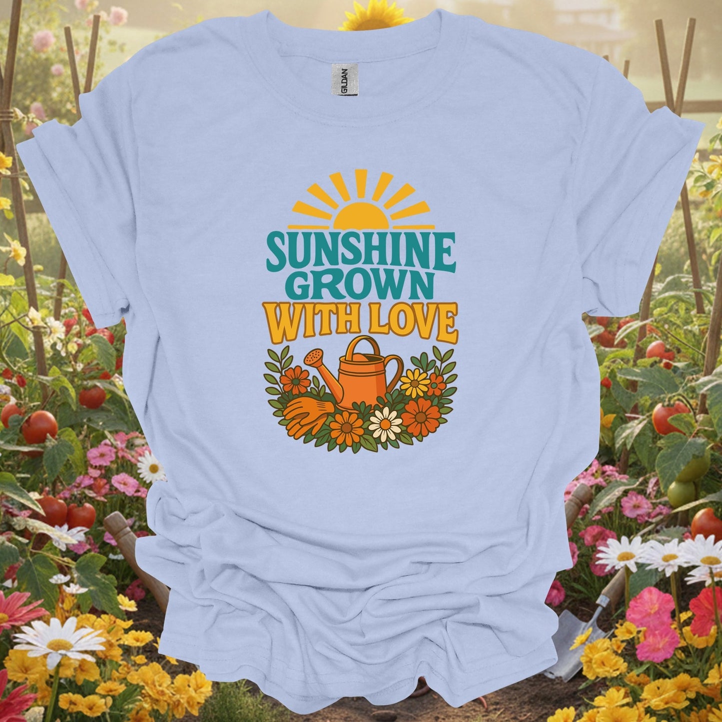 "Sunshine Grown With Love" Groovy Floral Garden T-Shirt - GardeningTshirts