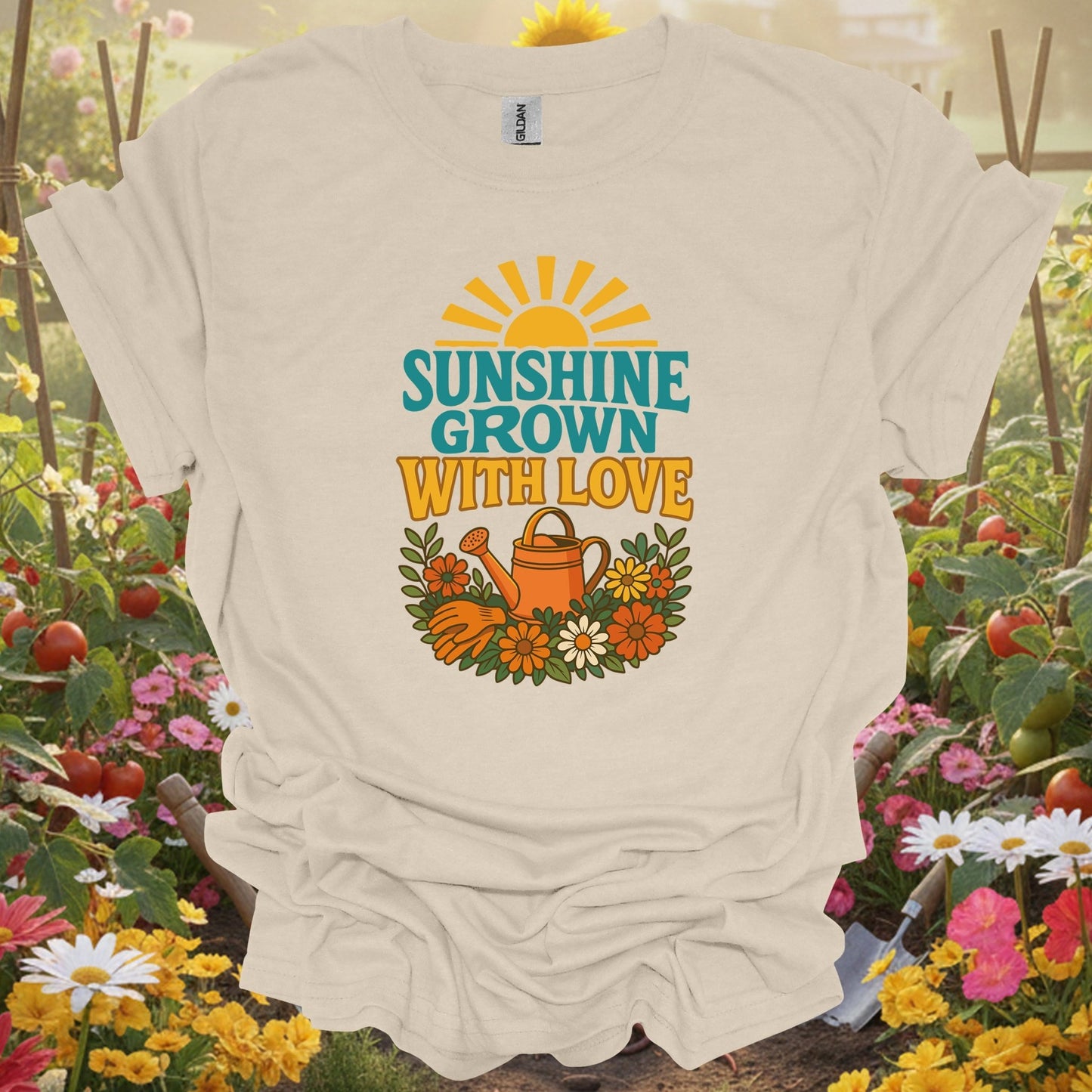 "Sunshine Grown With Love" Groovy Floral Garden T-Shirt - GardeningTshirts