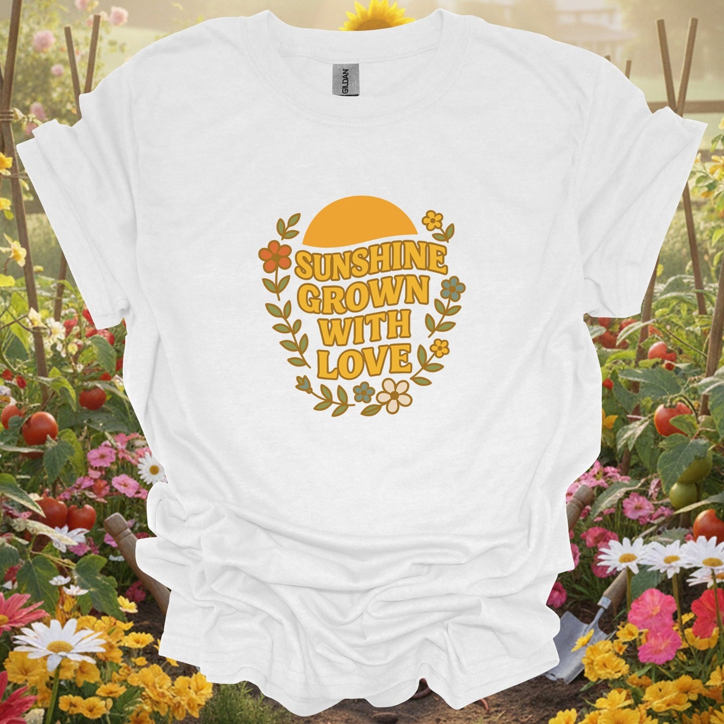 "Sunshine Grown With Love" Groovy Floral T-Shirt - GardeningTshirts