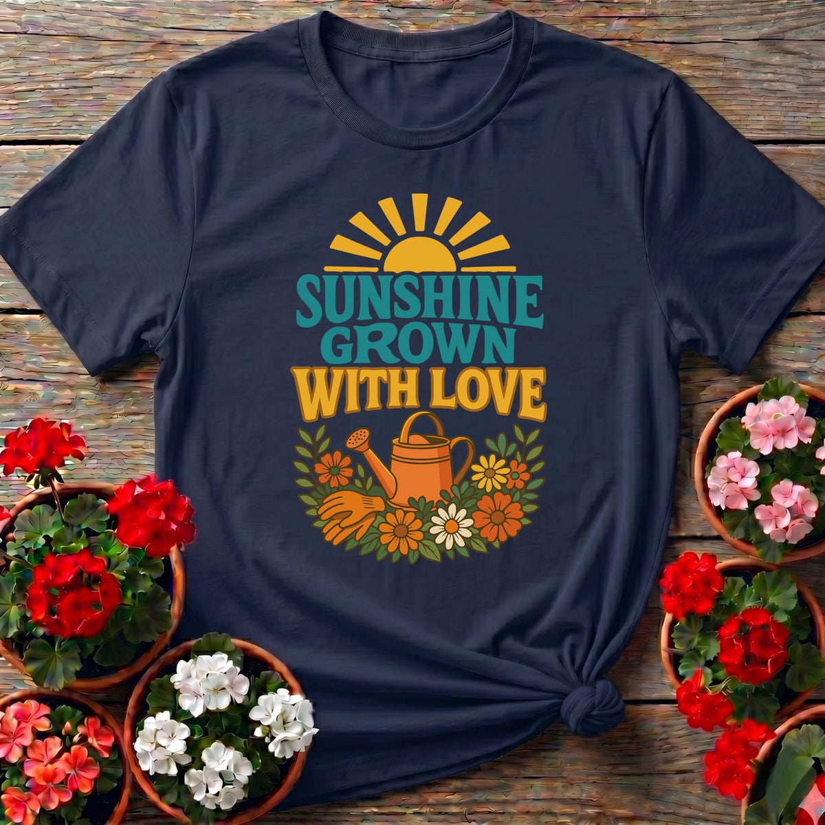 Navy vintage botanical t-shirt with "Sunshine Grown With Love" for casual plant lovers
