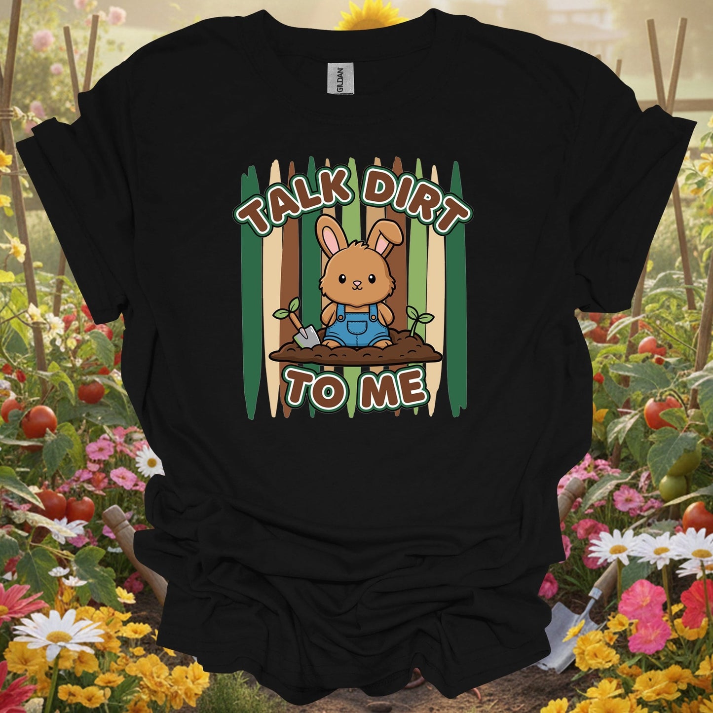 Black shirt showing talk dirt to me cute bunny gardener pun for outdoor enthusiasts