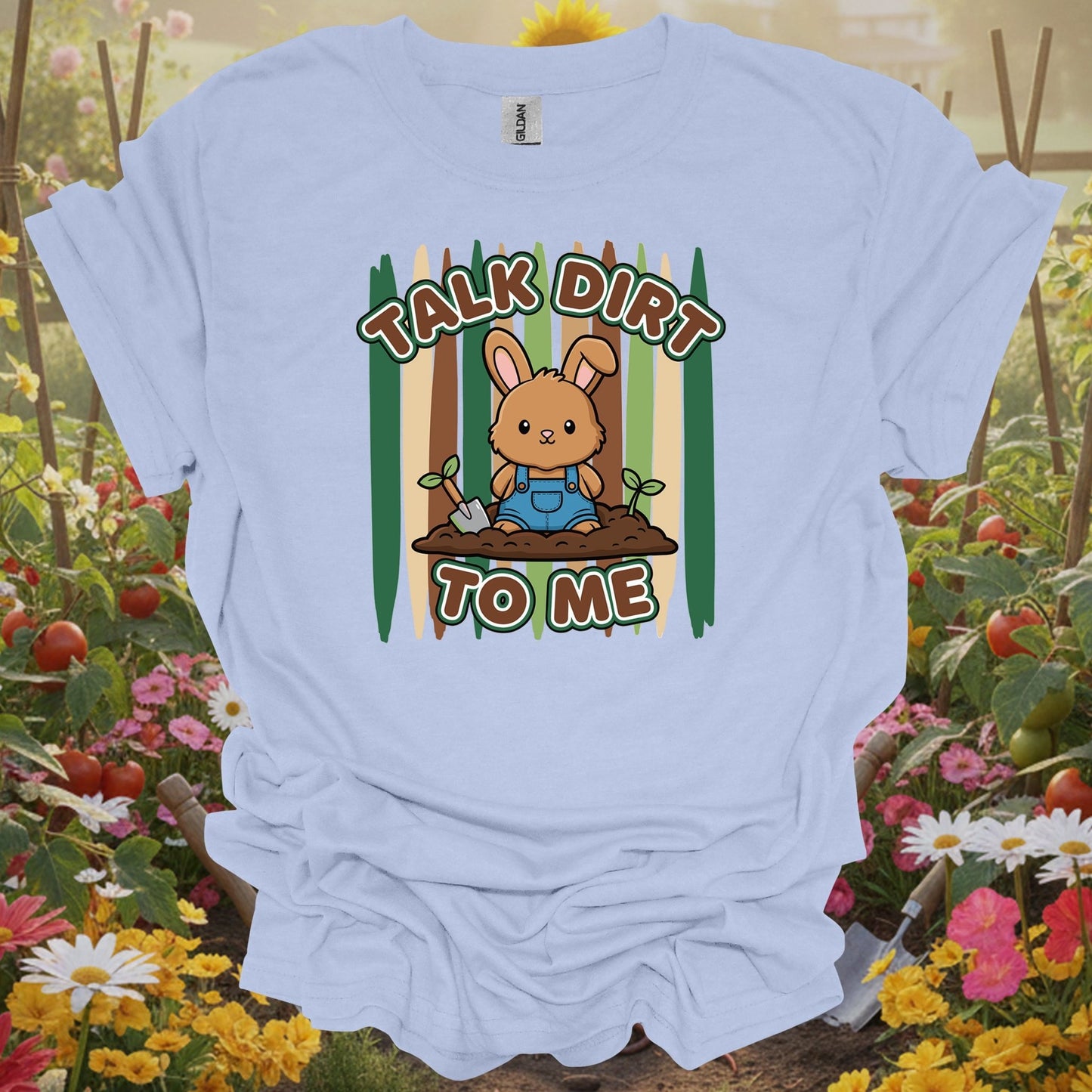 Light Blue shirt showing talk dirt to me cute bunny gardener pun for home gardeners
