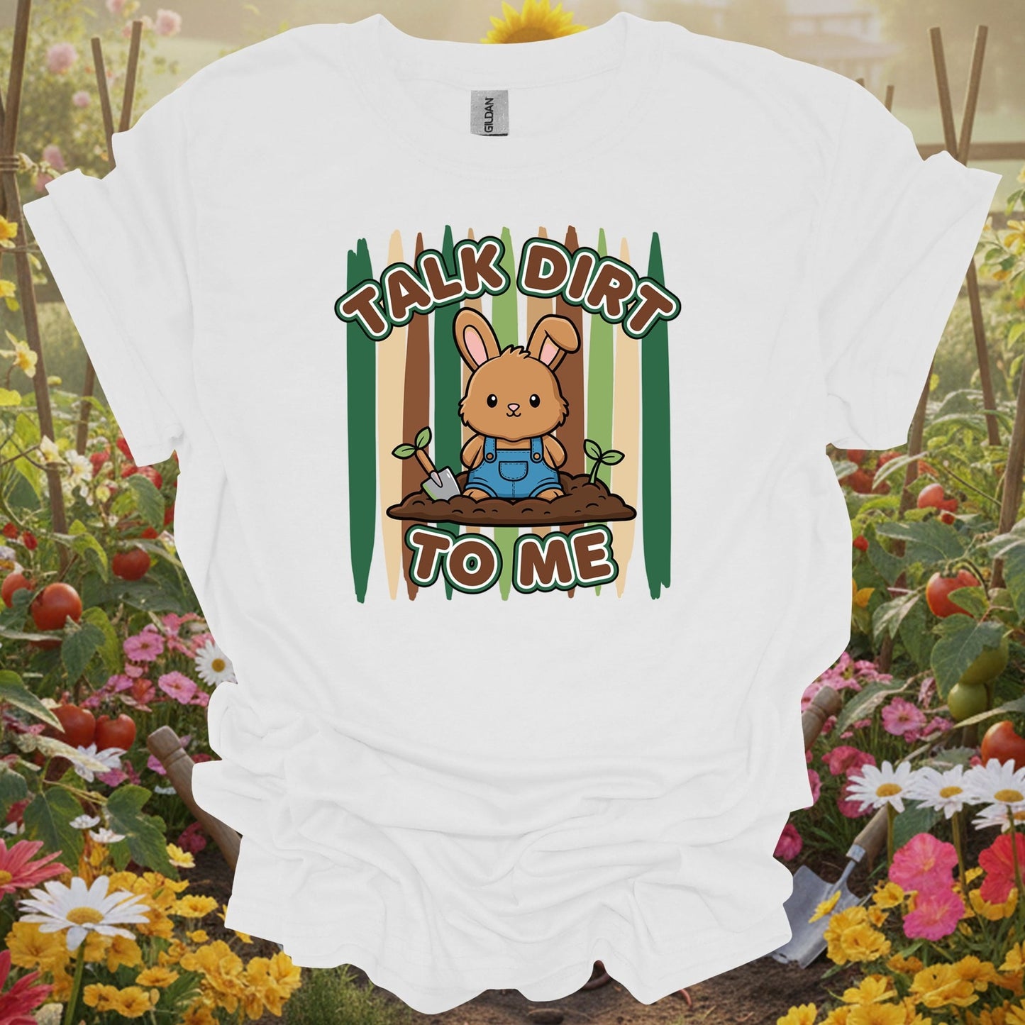 White tee showing talk dirt to me cute bunny gardener pun for garden hobbyists
