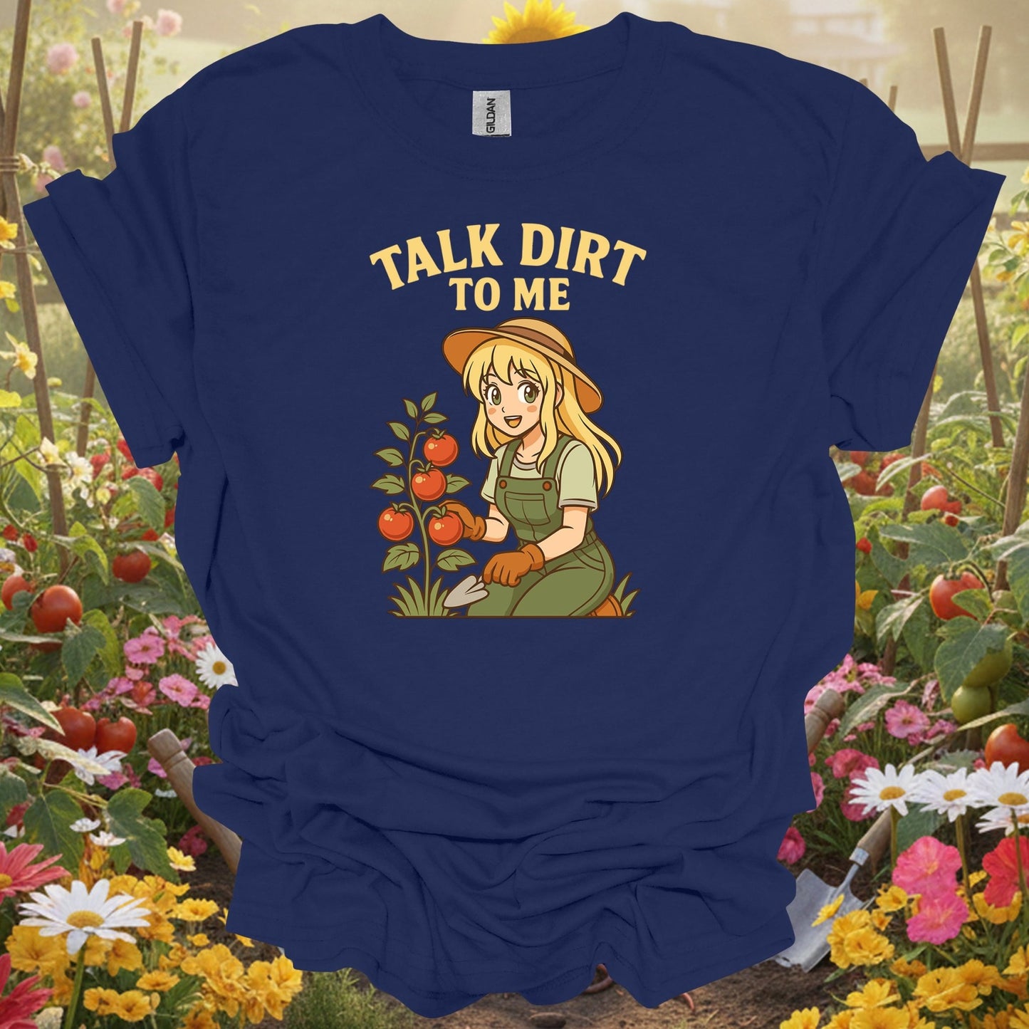 Navy shirt showing talk dirt to me witty plant lover for home gardeners