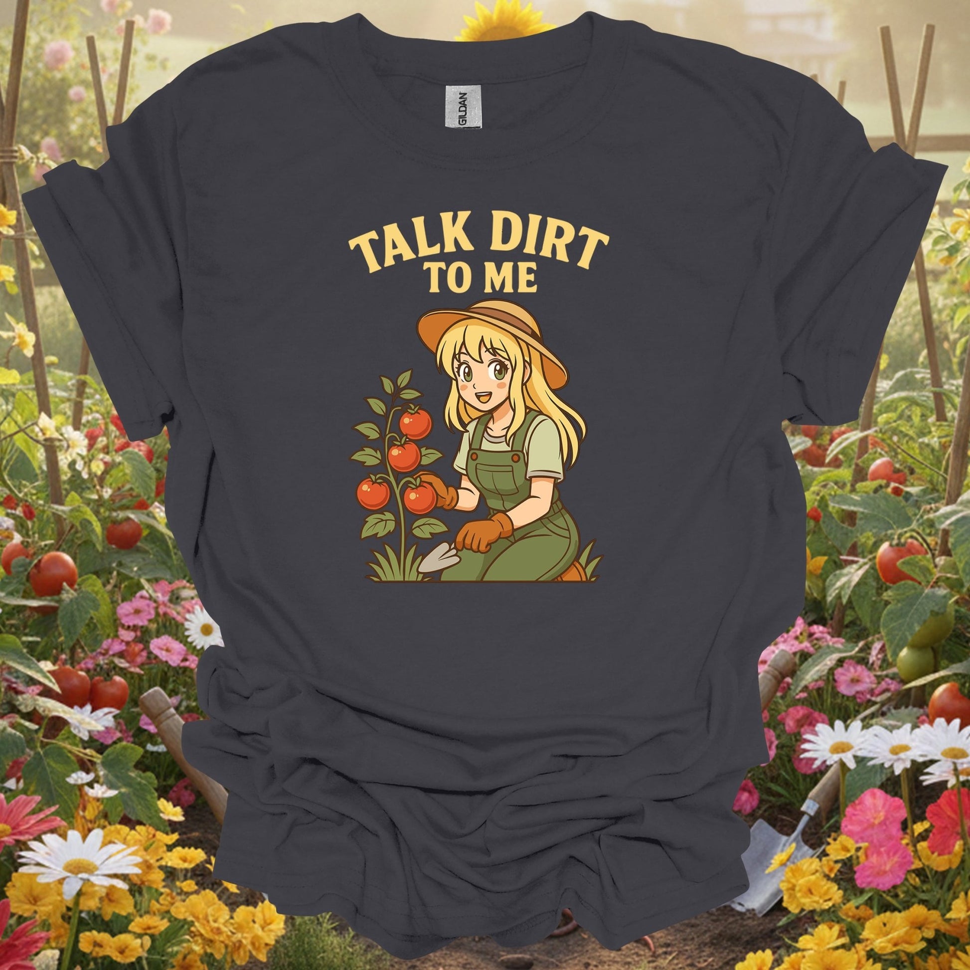 Charcoal tshirt showing talk dirt to me witty plant lover for gardening enthusiasts