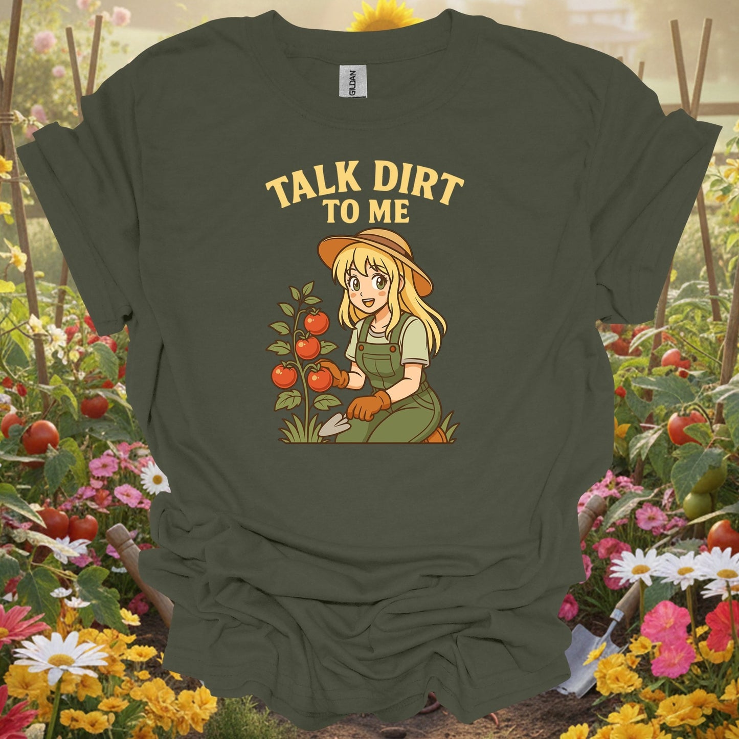 Military Green top showing talk dirt to me witty plant lover for nature lovers