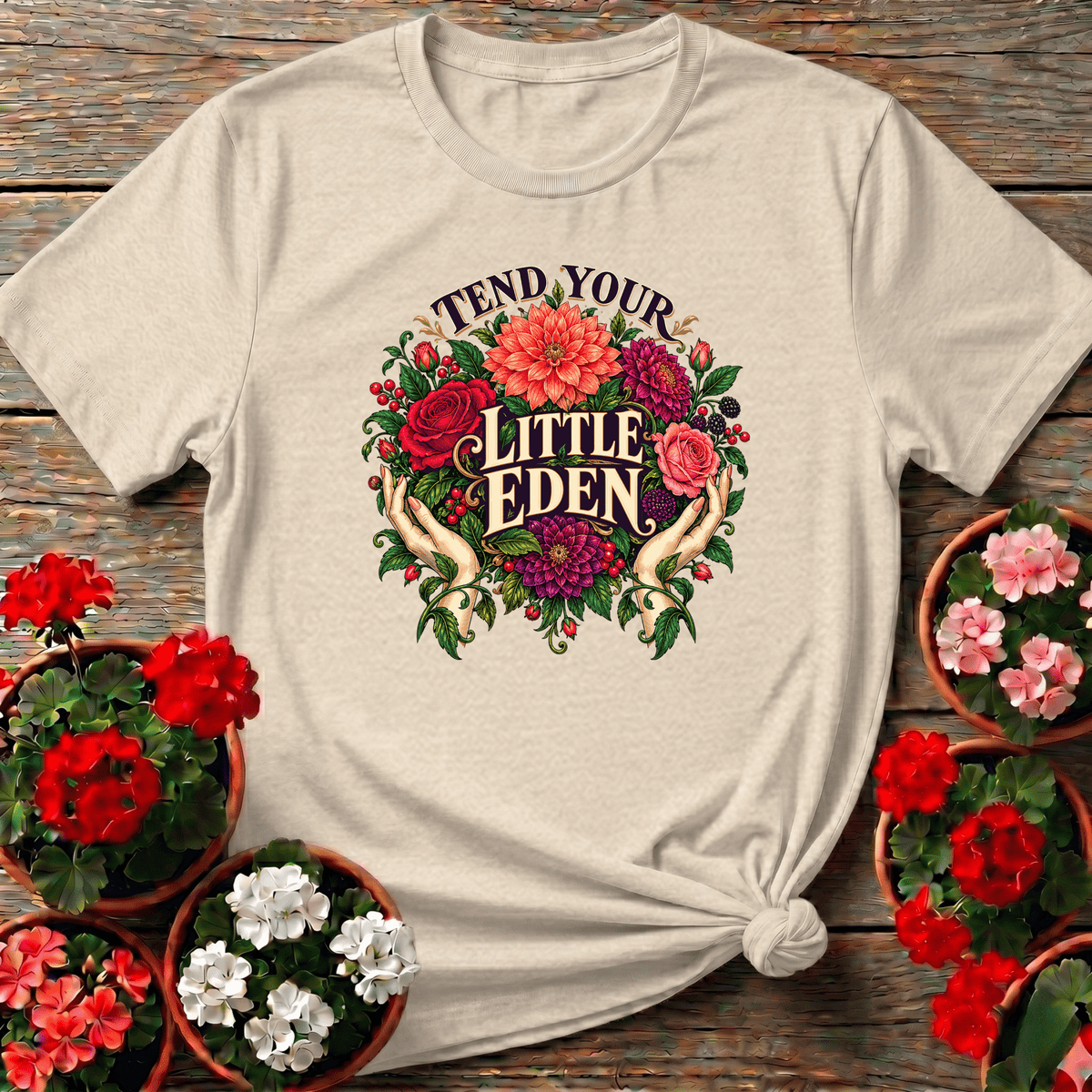 Natural ornate gilded floral gardening shirt with "Tend Your Little Eden" for heritage garden lovers